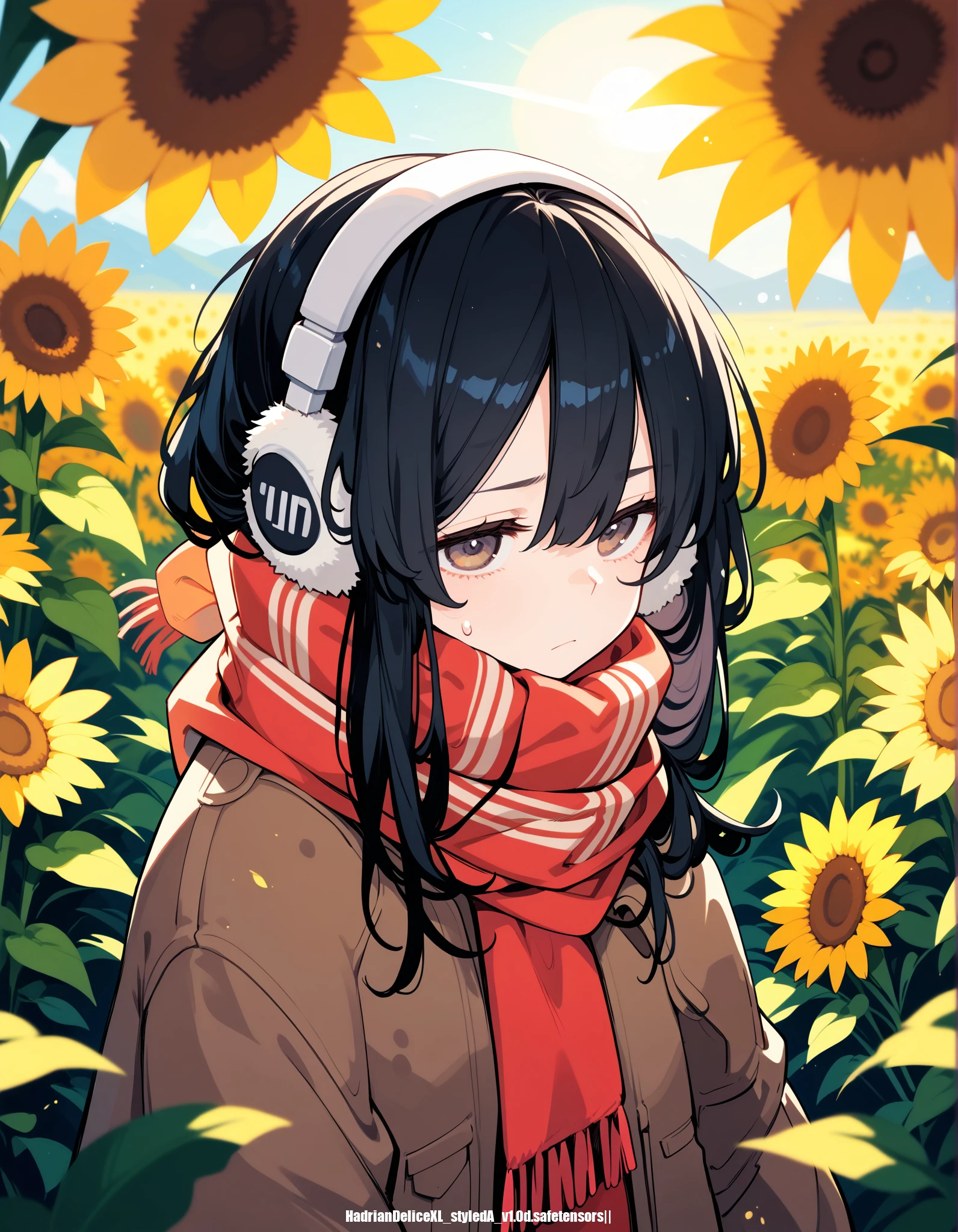 score_9,score_8_up,score_7_up, ,, 1woman,solo,sweatdrop, ((((down jacket,scarf,muffler)))),summer,field,sun,dappled sunlight,sunflower,noon,earmuffs,black hair,expressionless, black hair,long hair,expressionless, blurry foreground, sleeves past fingers, red clothes
