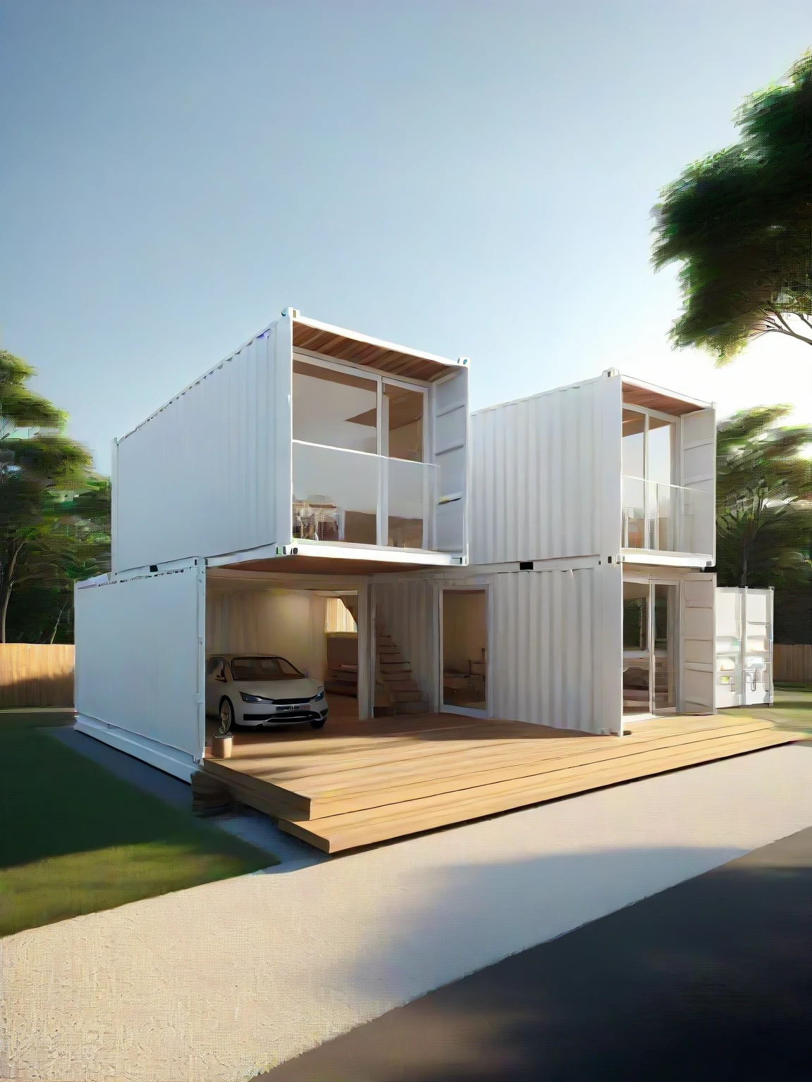 Architectural style <lora:JJsContainerHouse_XL:.8>,   ((Container House)), ((masterpiece)), ((best quality)), scenery, real world location,  realistic,  high detailed, , soft lighting, clear sky, road, lawn, (white),bird, sunshine, car, wood, . Clean lines, geometric shapes, minimalist, modern, architectural drawing, highly detailed