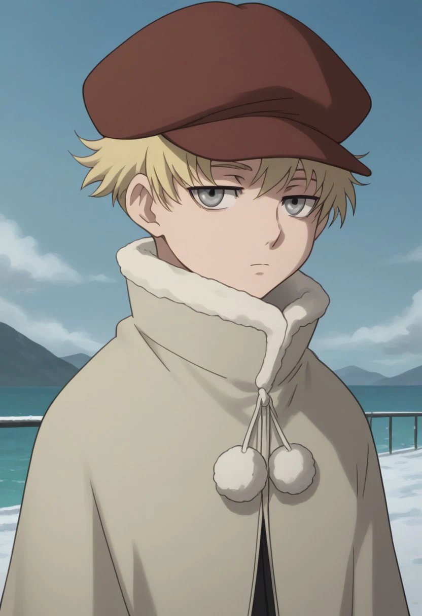 score_9, score_8_up, source_anime, highly detailed, 
july_d, solo, hat, blonde hair, parody, grey eyes, 1boy,
male focus, looking at viewer, coat, short hair, upper body, expressionless,
outdoor,