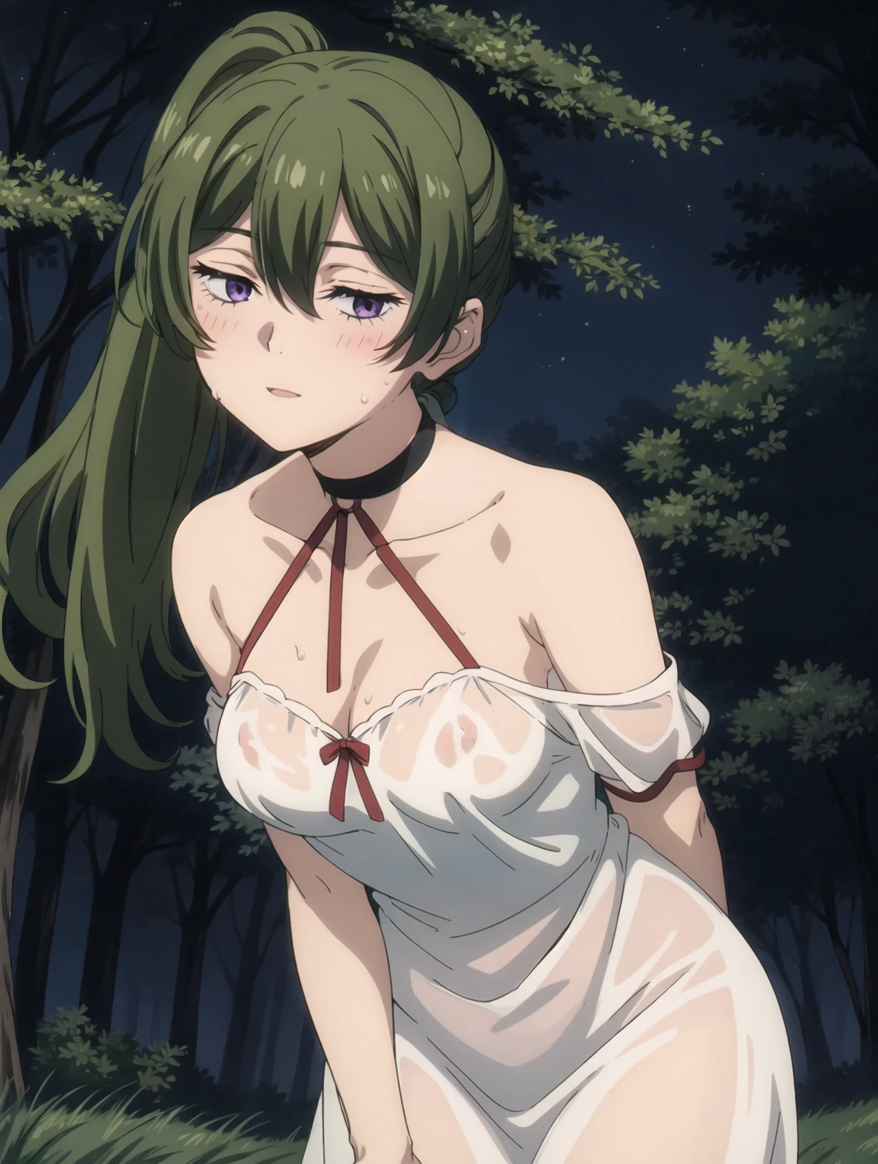 (masterpiece),
<lora:ubelold-000016:0.8>,
ubel, 
long hair,hair between eyes, green hair, side ponytail, bangs,high ponytail,purple eyes,choker,
medium breasts,
smug,half-closed eyes, 
BREAK
<lora:detail:0.31>,(1girl),solo,
:t,looking at viewer, 
BREAK
forest,grass,nature,
standing,leaning forward, hanging breasts,
(nightgown,See-Through,loose clothes,Off Shoulder),
sweat,blush,nsfw,breasts,anime coloring,
(best illustration),[[[[[[[anime coloring,anime line-art,flat colors,cel shaded,illustration,flat]]]]]]]