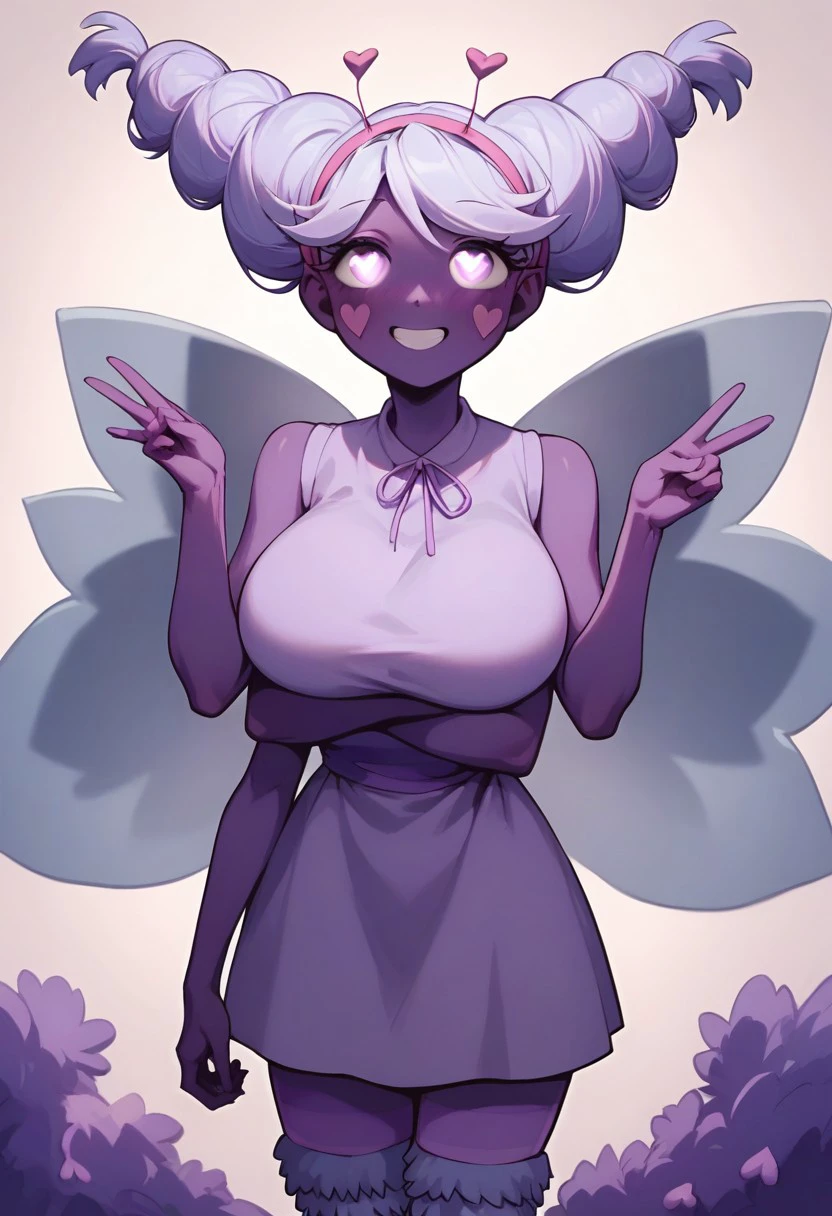 BREAK Score_9, Score_8_up, Score_7_up, source_cartoon, huge breasts, mewberty_star, smile, purple skin, pale lavender hair, up in two buns, bright heart eyes, pink heart on each cheek, six arms, large purple butterfly wings, antennae, pale lavender sleeveless dress, pale lavender leg warmers,