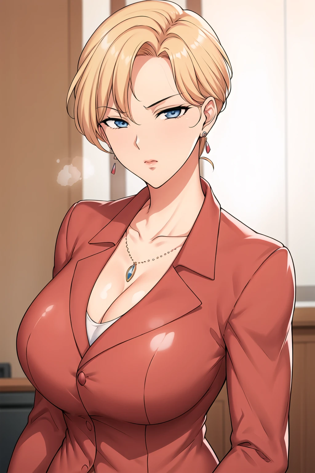 Office Lady, Office,
dynamic pose,standing at attention, 
(red_jacket:1.2),long_sleeves,heart_necklace,white shirt, collared shirt,
cleavage, collarbone,
pantyhose, pencil skirt,
<lora:Reika_Kurashiki_SaiminSeishidou-KK77-V2:0.3>,earrings, jewelry,Gem,
<lora:Sailor_Uranus-KK77-V1:0.7>,
blue eyes, blonde hair,bangs,Very Short hair,Makeup, red lipstick,
<lora:more_details:0.1>,<lora:Oda_Non_Style-KK77-V2:0.3>,<lora:Sexy_AIart-KK77-V1:0.3>,
1 girl, 20yo,Young female,Beautiful long legs,Beautiful body,
Beautiful Nose,Beautiful character design, perfect eyes, perfect face,expressive eyes,perfect balance,
looking at viewer,(Focus on her face),closed mouth, (innocent_big_eyes:1.0),(Light_Smile:0.3),
official art,extremely detailed CG unity 8k wallpaper, perfect lighting,Colorful, Bright_Front_face_Lighting,White skin,
(masterpiece:1.0),(best_quality:1.0), ultra high res,4K,ultra-detailed,
photography, 8K, HDR, highres, absurdres:1.2, Kodak portra 400, film grain, blurry background, bokeh:1.2, lens flare, (vibrant_color:1.2),professional photograph,
(Beautiful,large_Breasts:1.4), (beautiful_face:1.5),(narrow_waist),