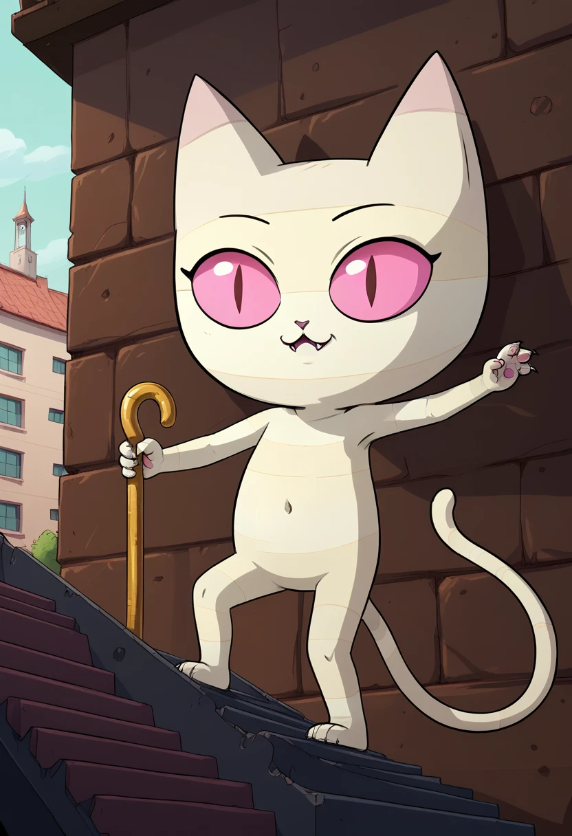 score_9, score_8_up, score_8, <lora:Me-Mow_Adventure_Time_for_PonyXL:0.8> 1girl, cat girl, mem0w, wrappings, young, short, tail, pink eyes, climbing building