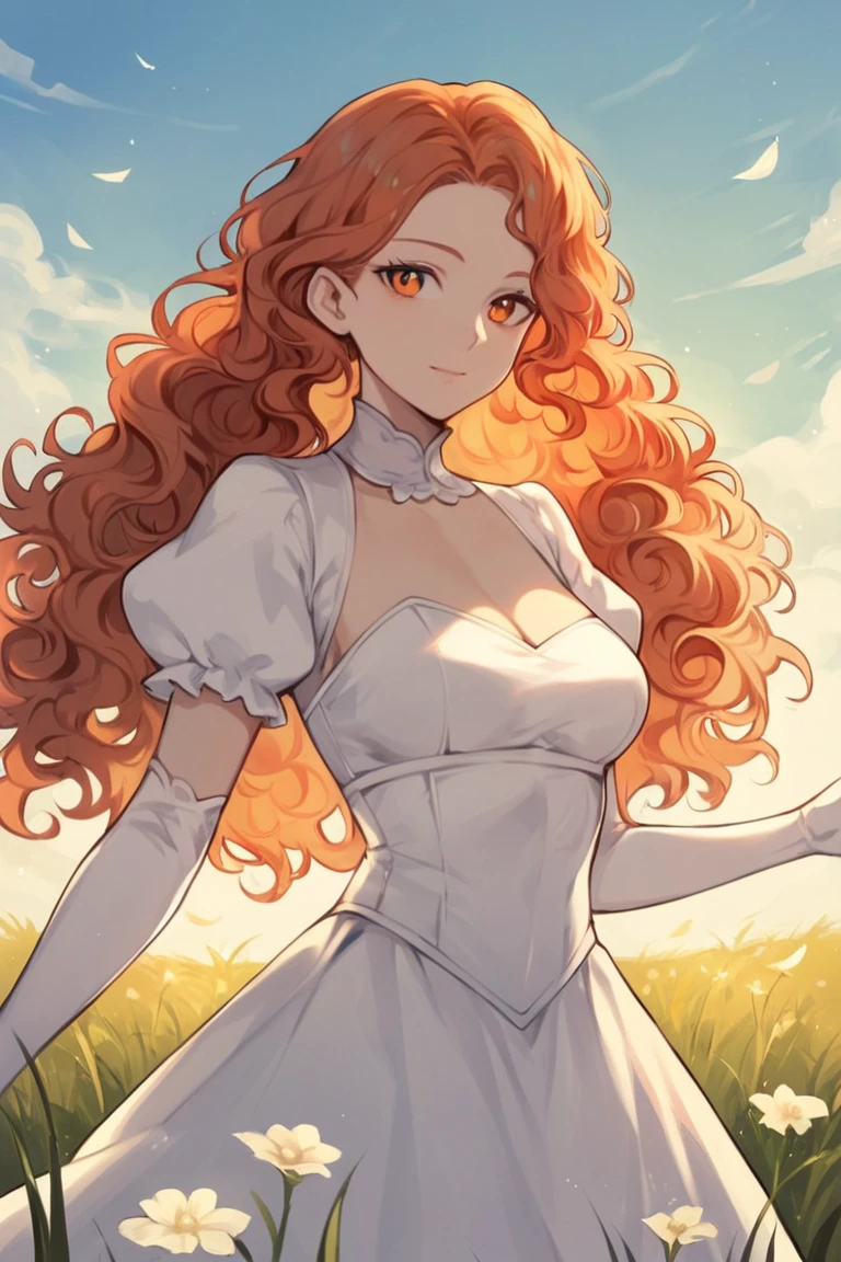 score_9, score_8_up, score_7_up, rating_safe, 1girl, solo, long hair, curly hair, wavy hair, orange hair, orange eyes, looking at viewer, breasts, dress, white dress, puffy sleeves, puffy short sleeves, short sleeves, gloves, elbow gloves, white gloves, cowboy shot, closed mouth, standing, outdoors, field, flower, grass, plant, sky <lora:Smooth Anime Style LoRA XL:0.7>