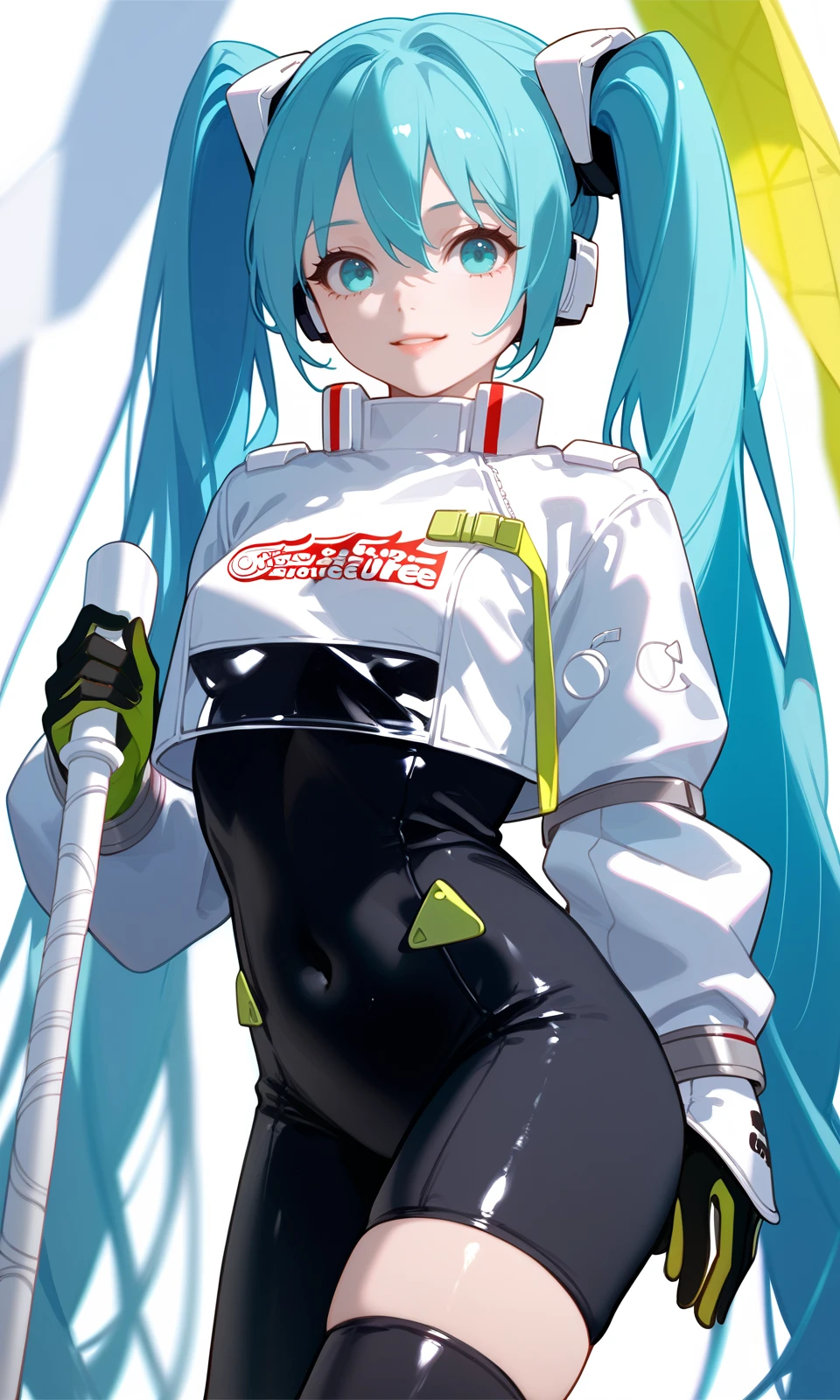 score_9, score_8_up, score_7_up, score_6_up, BREAK
1girl, miku22, aqua eyes, aqua hair, black bodysuit, breasts, covered navel, cowboy shot, hatsune miku, long hair, looking at viewer, race queen, skin tight, solo, thighhighs, twintails, very long hair, zipper,
looking at viewer, arms at sides,
masterpiece, absurdres,
<lora:RacingMiku2022_Pony:1>