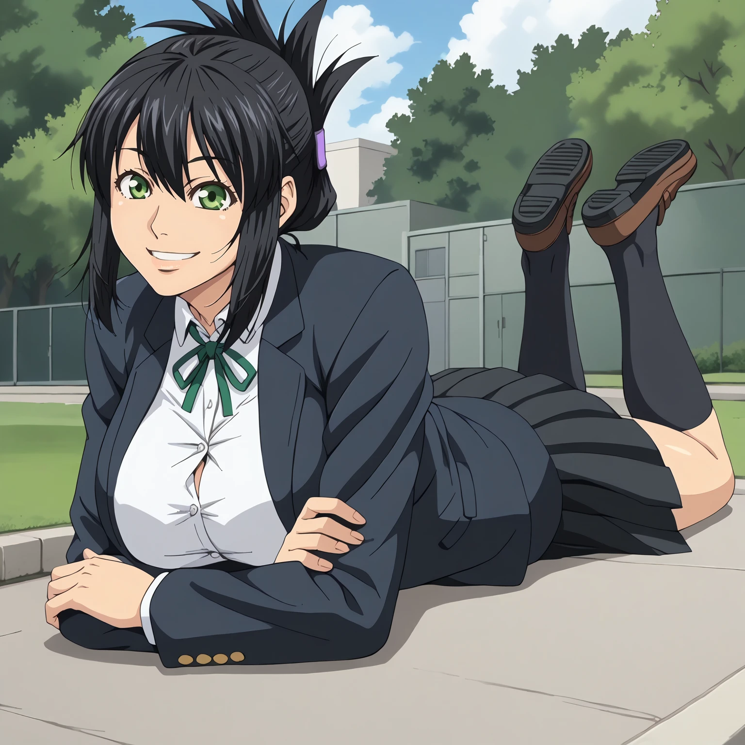 <lora:SakiTakanashiXLpony001>,
smile,
solo,
SakiTakanashi,1girl,black hair,folded ponytail,green eyes,
large breasts,
school_uniform,blazer,white shirt,
pleated_skirt,black skirt,
outdoors,
full body,on stomach,the_pose,