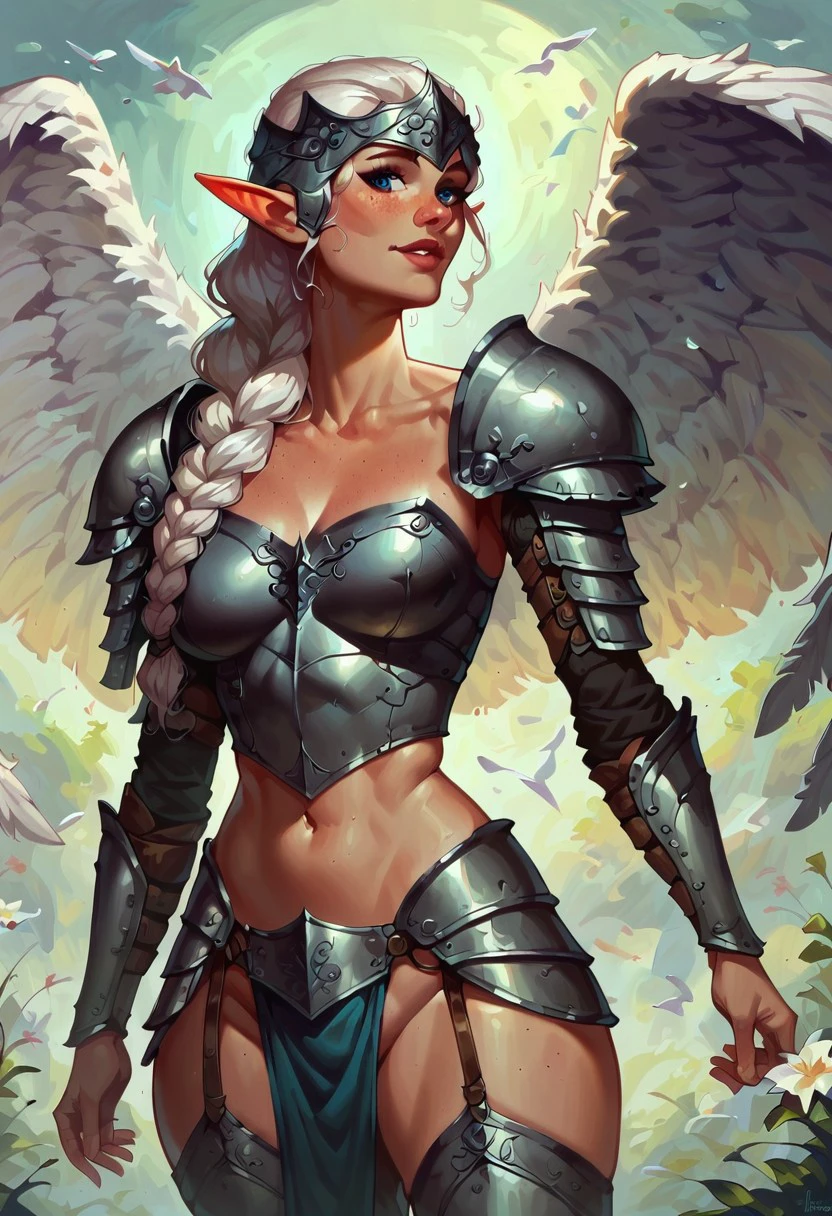 score_9, score_8_up, score_7_up, score_6_up, Vandria, mature female, solo, elf, long hair, white hair, braided hair, ponytail, light blue eyes, freckles, angel wings, steel-gray wings, shoulder armor, headpiece, in full armor, medieval, dungeons and dragons, semi realistic, looking at viewer, cowboy shot, full body,