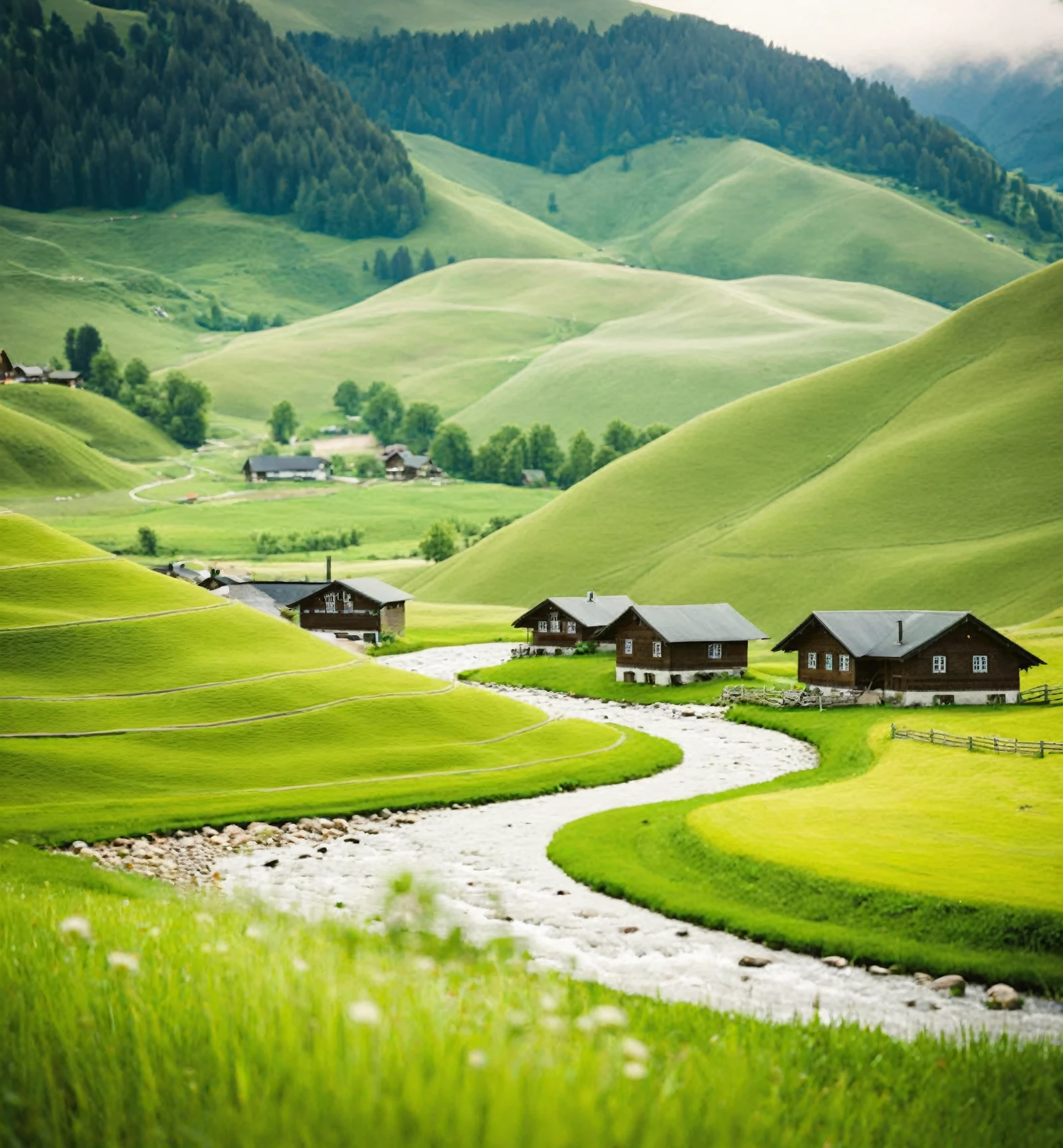 Idyllic rural landscape with a stream flowing through green meadows,wooden chalets scattered on rolling hills,soft natural lighting,overcast sky,tranquil atmosphere,slight haze in the distance,muted color palette,tilt-shift effect blurring the foreground and background,high depth of field,no discernible human activity,nature-focused composition,captures the essence of countryside serenity,appears to be a European setting,possibly inspired by pastoral landscape paintings,average quality.,