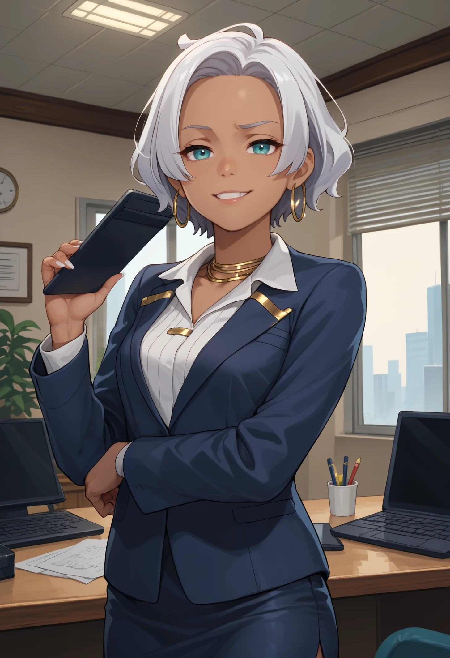 score_9, score_8_up, score_7_up, 1girl, solo, seciDo, dark skin, dark-skinned female, aqua eyes, silver hair, short hair, forehead, white nails,
seceBui, gold jewelry, hoop earrings, necklace, blue blazer, white shirt, collared shirt, long sleeves, blue skirt, pencil skirt, 
looking at viewer, smug, smirk, arm under breasts, hand up, holding tablet,
indoors, office, sci-fi, science fiction, 
<lora:SeceliaDotePDXL_V1-Manityro-CAME:1.0>,