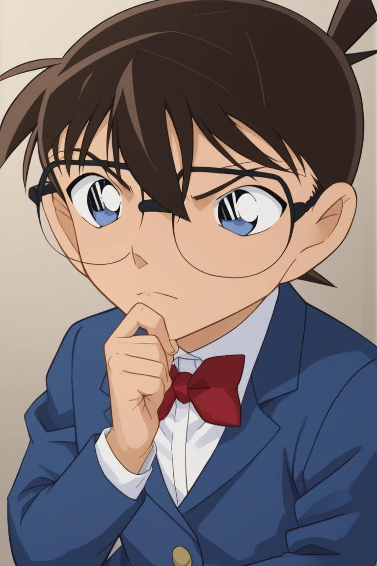 score_9, score_8_up, score_7_up, score_6_up, detailed, intricate details,cowboy shot,best quality ,source_anime, conan edogawa, brown hair, blue eyes, glasses, blue jacket, white shirt, red bowtie, 1boy, male focus, solo, bow, stroking own chin, thinking, hand on own chin, bowtie, red bow, school uniform, jacket, official style, black-framed eyewear, parody,score_5_up<lora:EMS-409559-EMS:1.000000>