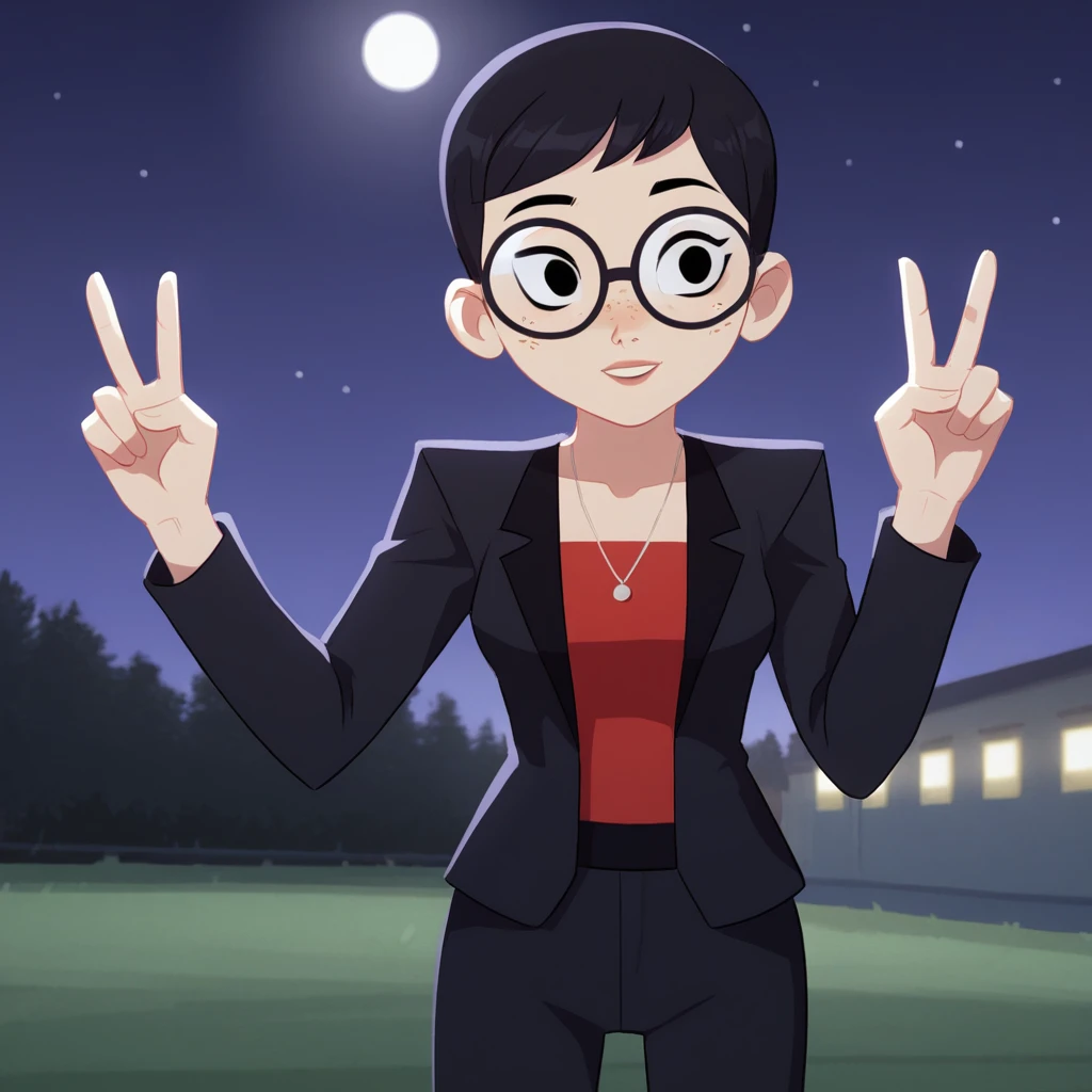 score_7_up, BREAK, JuliaArgent, 1girl, solo, Black hair, short hair, black eyes, freckles, black-framed eyewear, round eyewear, formal, suit, red tube shirt, pants,  <lora:JuliaArgent_CarmenSandiego_PXL_Leaf1:0.9>, cowboy shot, night, double v,