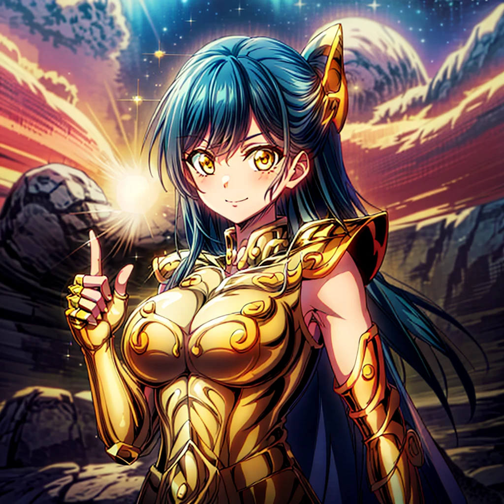 masterpiece, best quality, highres, solo, 1girl, subtle smile, medium breasts, outdoors, outdoors, ice,moon,sparkle,fingerless gloves ,<lora:more_details:0.8>, pauldrons , Himari Azuma ,golden armor,  <lora:leo:0.8>,blue cape, <lora:Azumav3:0.6>