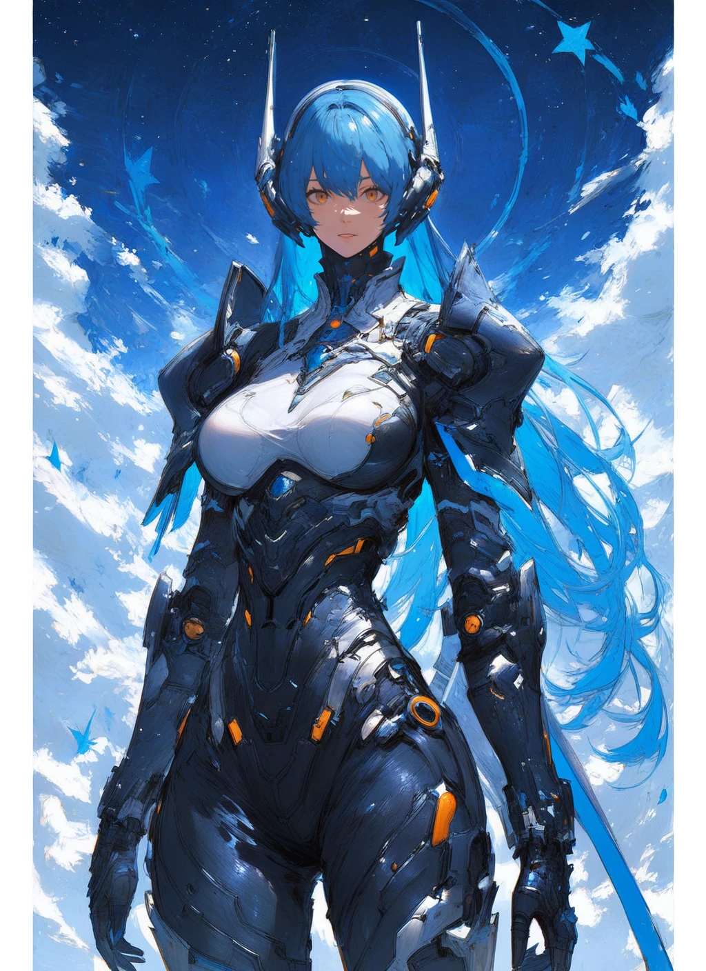 score_9, score_8_up, score_7_up, highly detailed, painting, girl, large breasts, black armor, long blue hair, looking at viewer, standing, mcnm, starry night sky, rating_questionable, BREAK best quality, masterpiece, e621, digital_art <lora:Mechanism-pdxl-1:0.75>