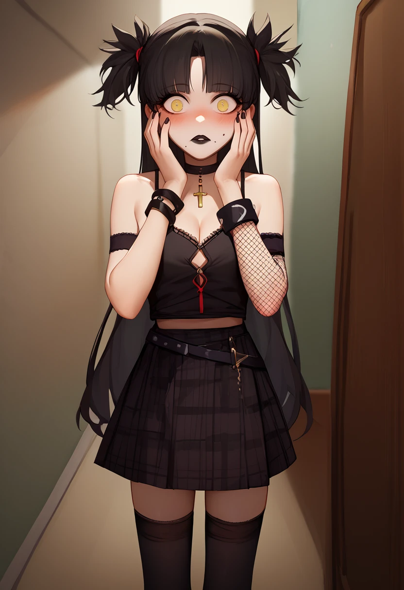 score_9, score_8_up, score_7_up, front view, solo, 1girl, mwophelia, mole under mouth, black lips, blush, surprised, looking at viewer, standing, hands on own face, two side up, black camisole, fishnets, detached sleeves, black skirt, plaid skirt, black thighhighs, black choker, cross necklace, bracelet, nail polish, black nails, bare shoulders, cleavage, indoors, hallway <lora:merryweather_ophelia_ponyXL-000007:1>