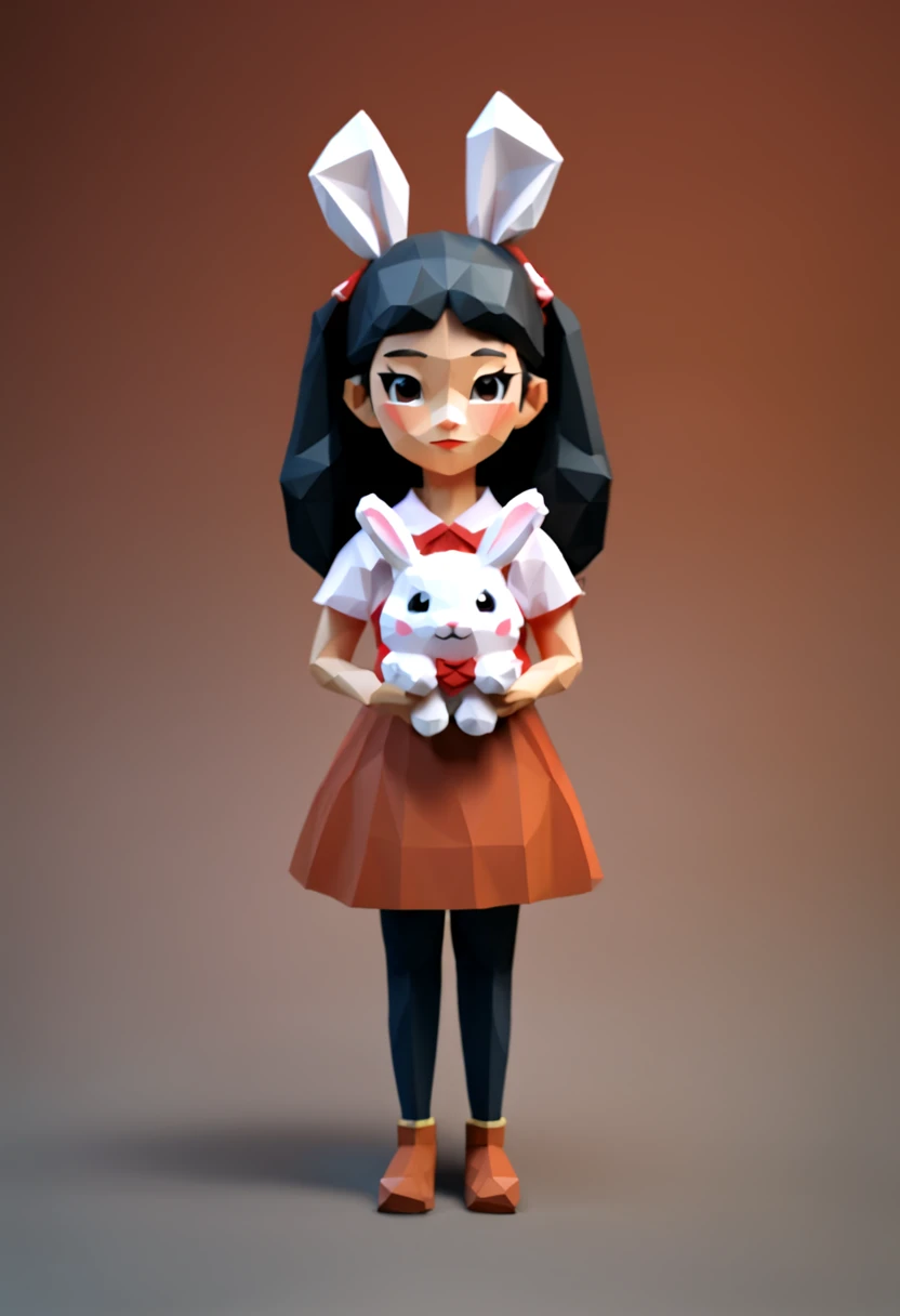 A low-poly model of a girl holding a bunny plushie