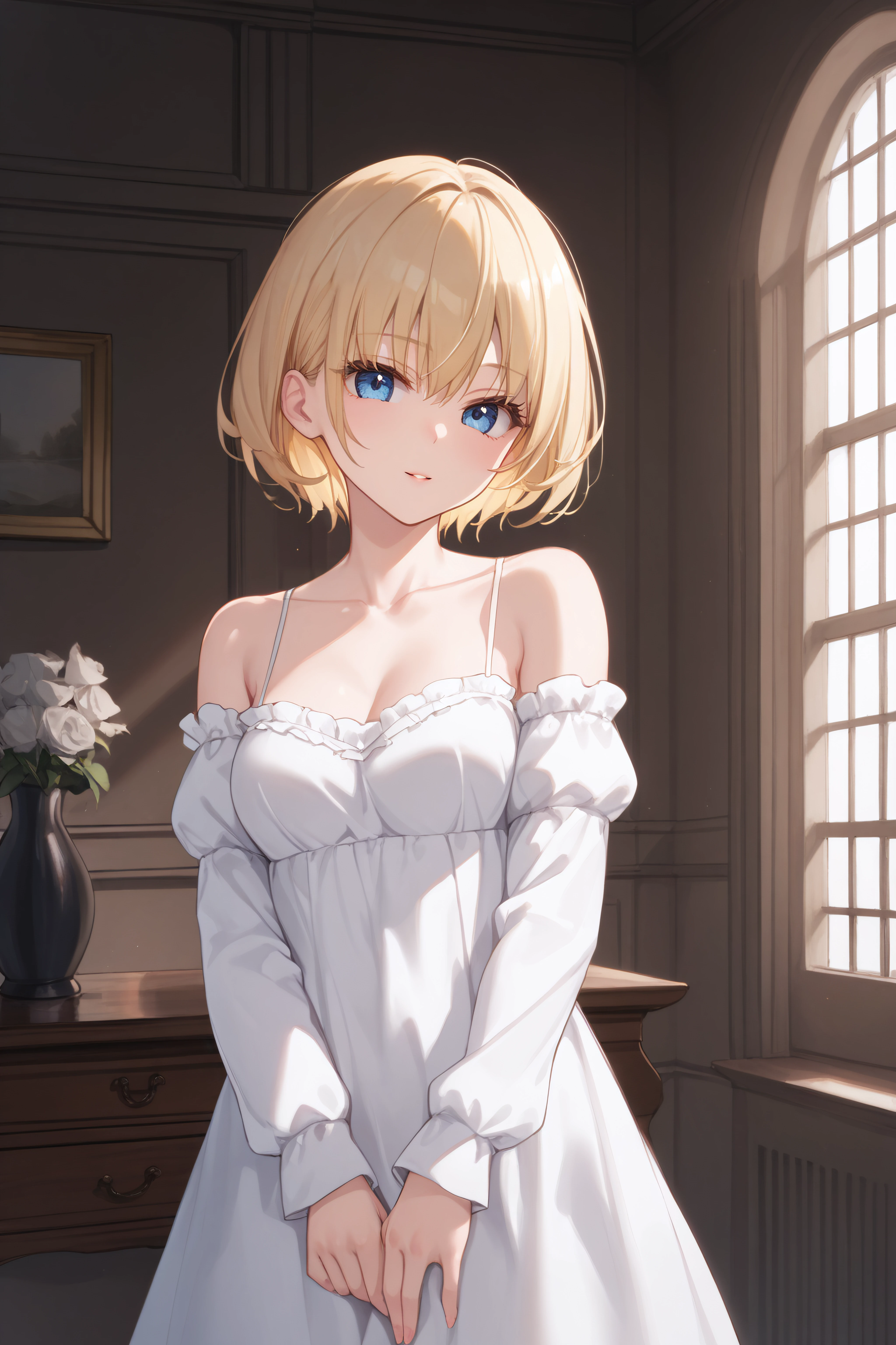 score_9, score_8_up, score_7_up, BREAK source_anime, <lora:Arte-PonyXL-lora-Faxtron:0.8> arte, blue eyes, blonde hair, short hair, medium breasts, long white dress, collarbone, long sleeves, bare shoulders,