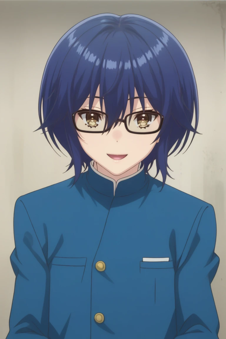 score_9, score_8_up, score_7_up, score_6_up, detailed, intricate details,cowboy shot,best quality ,source_anime, shun_sc, blue hair, brown eyes, 1boy, school uniform, solo, glasses, short hair, smile, open mouth, black-framed eyewear, upper body, looking at viewer, gakuran, hair between eyes, bangs, brown eyes, :d, long sleeves, jacket<lora:EMS-409526-EMS:1.000000>