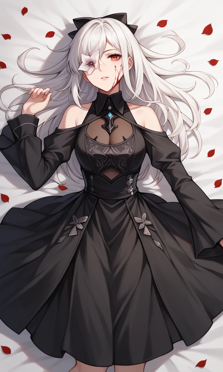 score_9, score_8_up, score_7_up, score_6_up, source_anime, BREAK masterpiece,  ZEROREIN, white hair, hair bow, black dress, collared shirt, see-through cleavage, long sleeves, bare shoulders, lying, on back, hair spread out, from above, sheets, blood on face, breasts,  petals, 