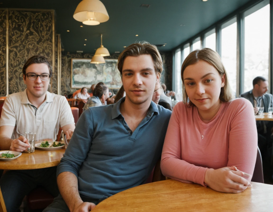 multipeoplelora, 2men, 2women, sitting in restaurant, portrait