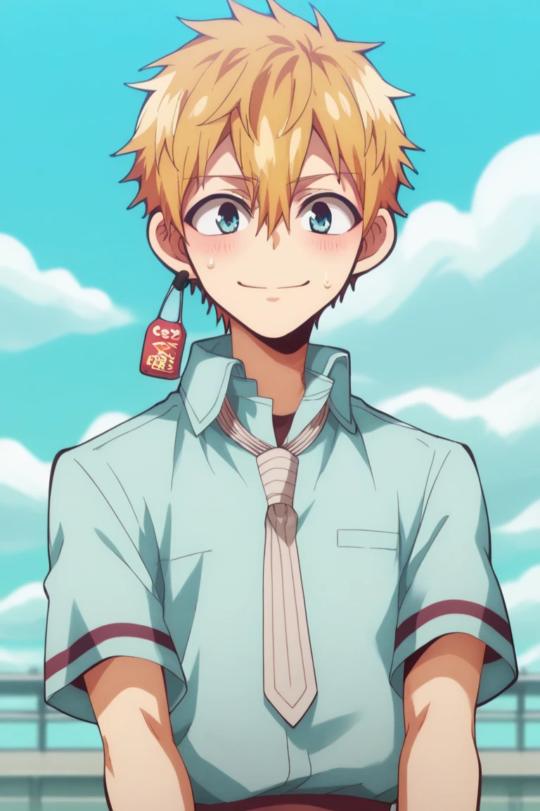 score_9, score_8_up, score_7_up, score_6_up, detailed, intricate details,cowboy shot,best quality ,source_anime, minamoto kou, blonde hair, blue eyes, earring, blue shirt, white necktie, 1boy, male focus, solo, cloud, sky, blush, shirt, smile, sweatdrop, collared shirt, short hair, day, hair between eyes, closed mouth, blue sky, cloudy sky, outdoors<lora:EMS-408937-EMS:1.000000>