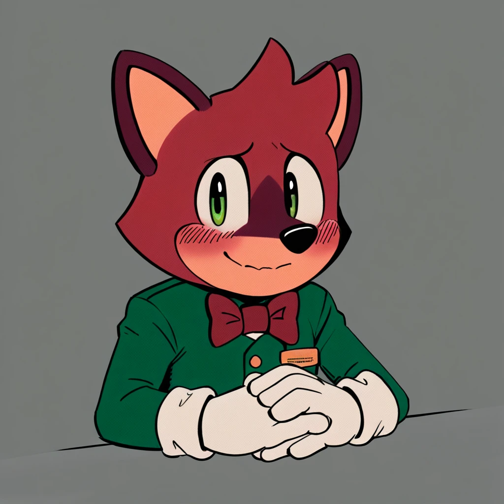 score_9, score_8_up, score_7_up, score_6_up, score_5_up, score_4_up, source_cartoon, source_furry, barry the quokka, barry, red fur, green uniform, bowtie, white gloves, sfw, blushing, hands folded, looking at viewer, smiling, closed mouth