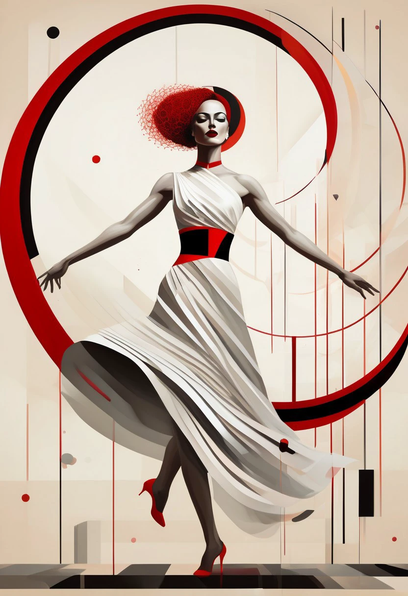 a detailed and intricate digital illustration features a woman dancing in a striking pose. the woman is positioned facing the viewer, her arms outstretched in a graceful arc. her hair, a vibrant red, is adorned with black dots and a white circle at the center of her head. her dress, a striking combination of red and black, is cinched at the waist with a black belt. the backdrop is a stark white, providing a stark contrast to the woman's striking image.