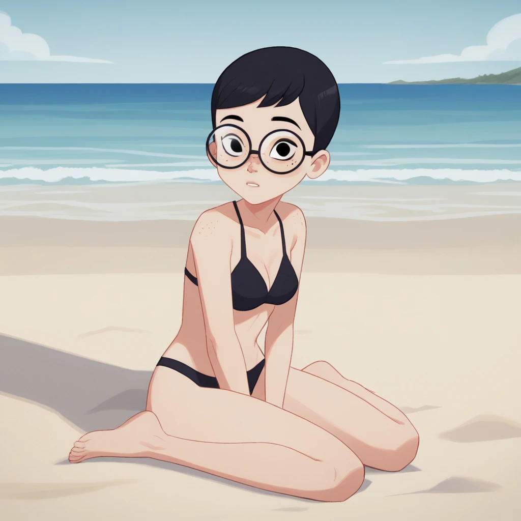 score_7_up, BREAK, JuliaArgent, 1girl, solo, Black hair, short hair, black eyes, freckles, black-framed eyewear, round eyewear, <lora:JuliaArgent_CarmenSandiego_PXL_Leaf1:0.9>,  black bikini, beach, sitting,