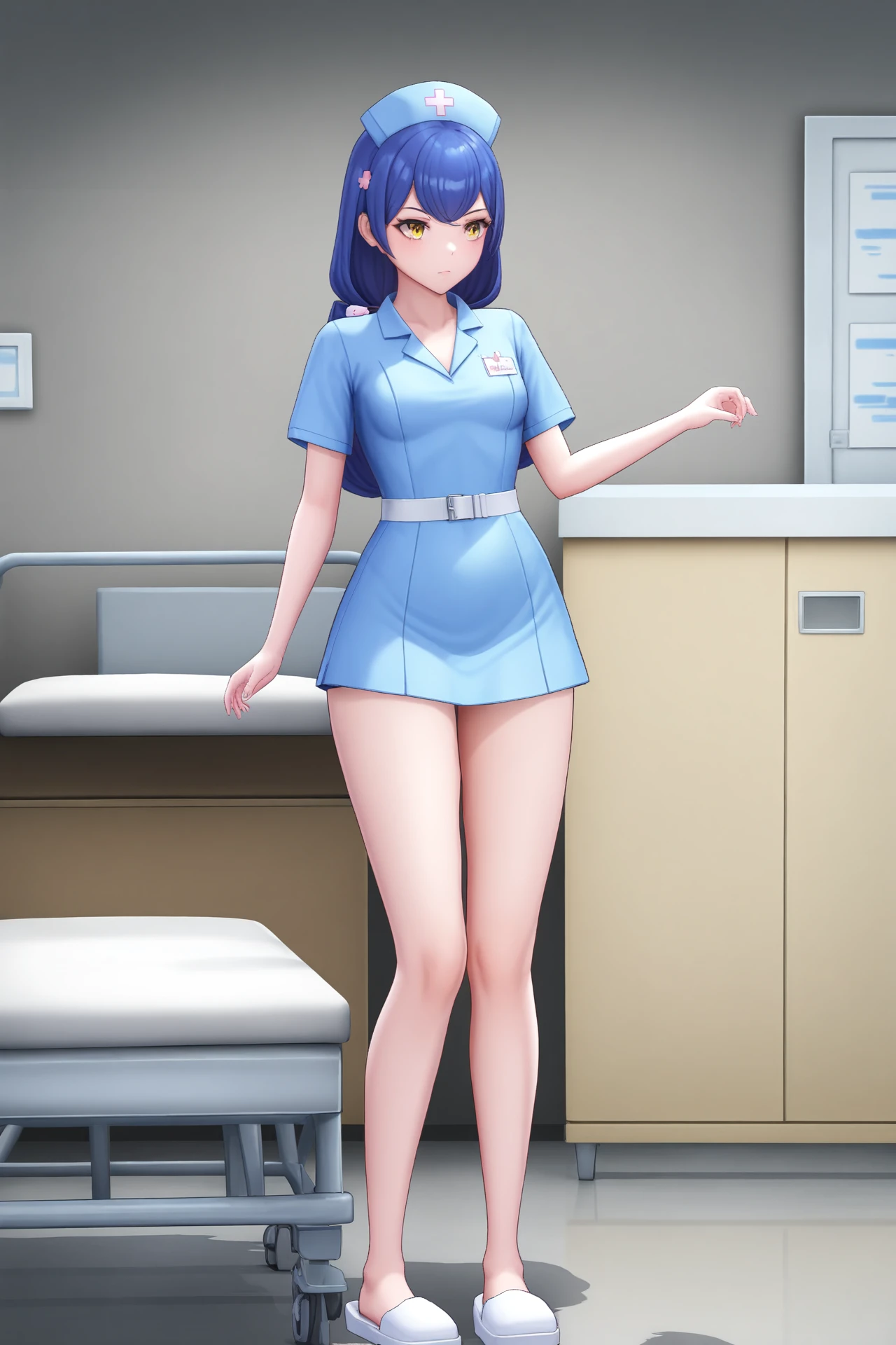 nurse, dsc-erika, blue hair, hair ornament, 1girl, solo, narrow waist, masterpiece, absurdres, high quality, highres, best quality, (full body:1.20), recent <lora:dsc-erika-V01-000003:0.7>