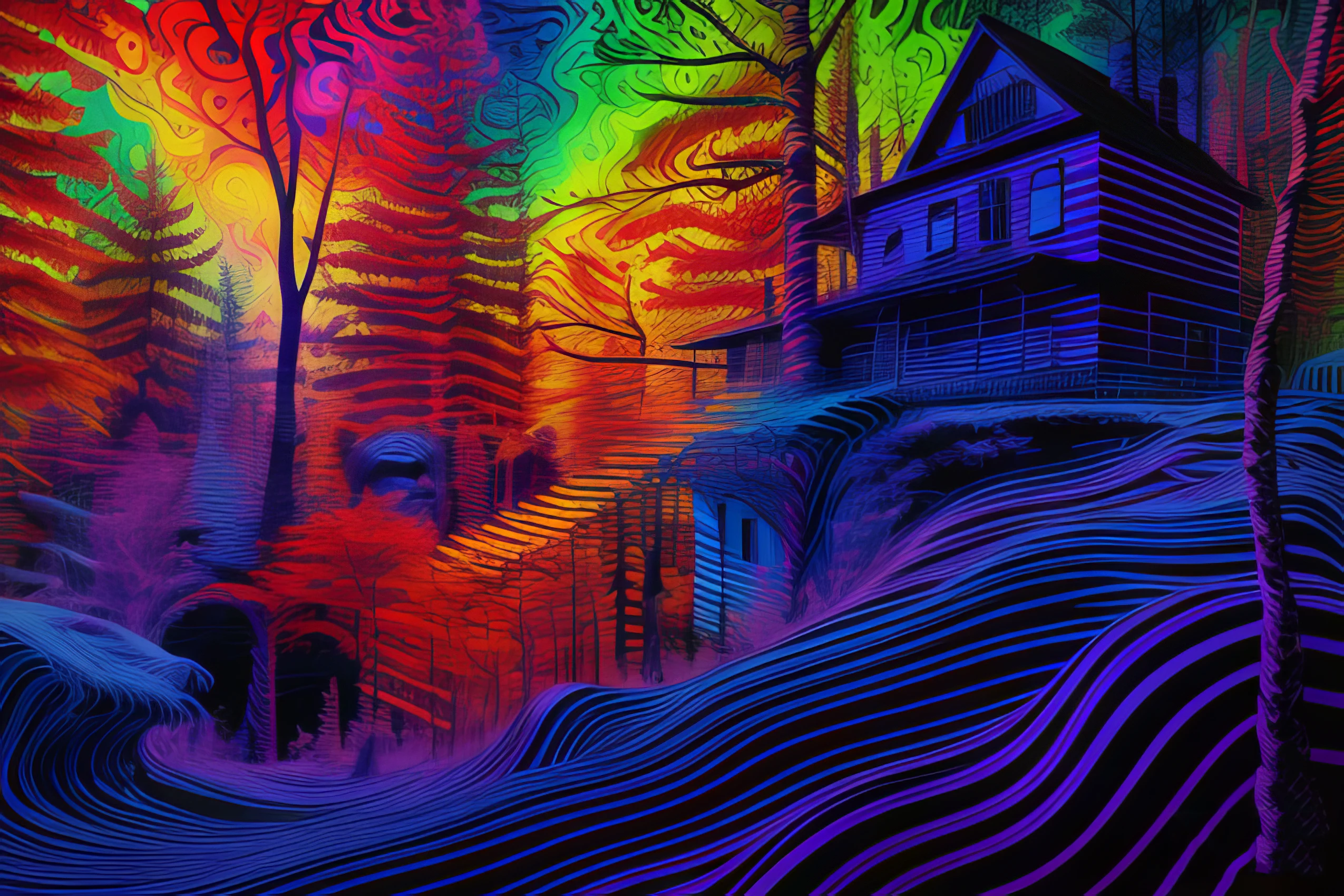 Vibrant contour horizontal lines, abstract, illustration of a single abandoned house in a forest, psychedelia, hot uv colors, high contrast, Sharp, moiré, striped trees