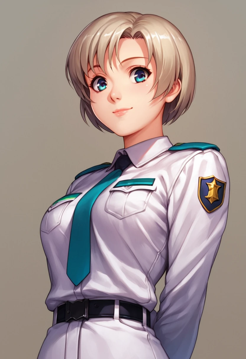 score_9, score_8_up, score_7_up, score_6_up, 1girl, solo, <lora:Nene_Romanova_-_Bubblegum_Crisis_Tokyo_2040:1>, Nene, AD Police uniform, detailed eyes, perfect face, perfect eyes, sexy, sexy girl, beautiful eyes, petite body, medium breasts, standing, arms behind back, posing, light smile, simple background, from below, dynamic angle