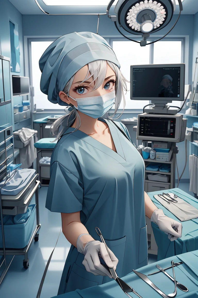 (RAW photo, best quality,facing the viewer,from front), operating room, overhead surgical light,blurred background, focused, dithering,backlighting,
 <lora:CM_doctor_surgeon_scalpel_V2.0-000004:0.8> doctor_surgscalpelpov, 1girl, solo, looking at viewer, white gloves, doctor, surgical mask,headwear,scalpel,