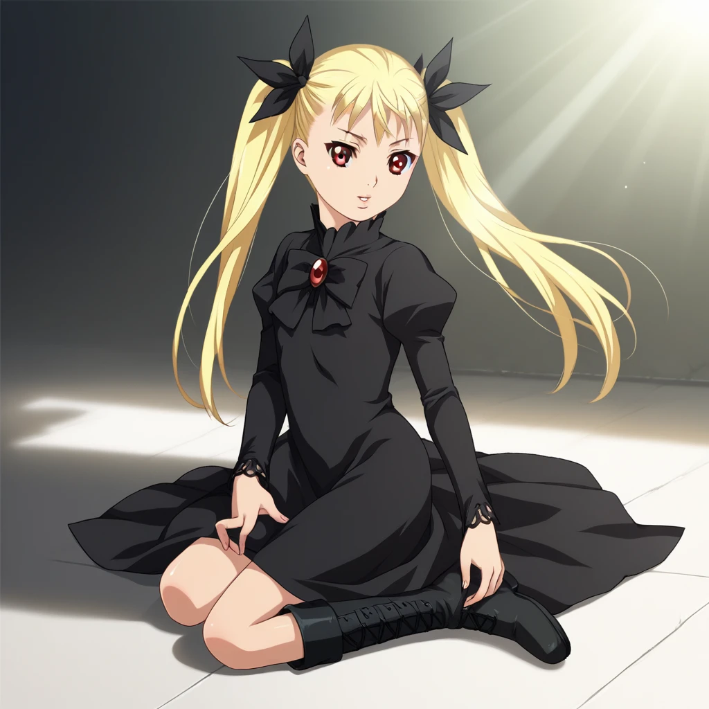 score_9_up, score_8_up, BREAK, Mina Tepes, 1girl, solo, blonde hair, twintails, long hair, red eyes, hair ribbon, black dress, long sleeves, ribbon, light rays, <lora:Mina_Tepes_PXL_Leaf1:1>, full body, black boots,