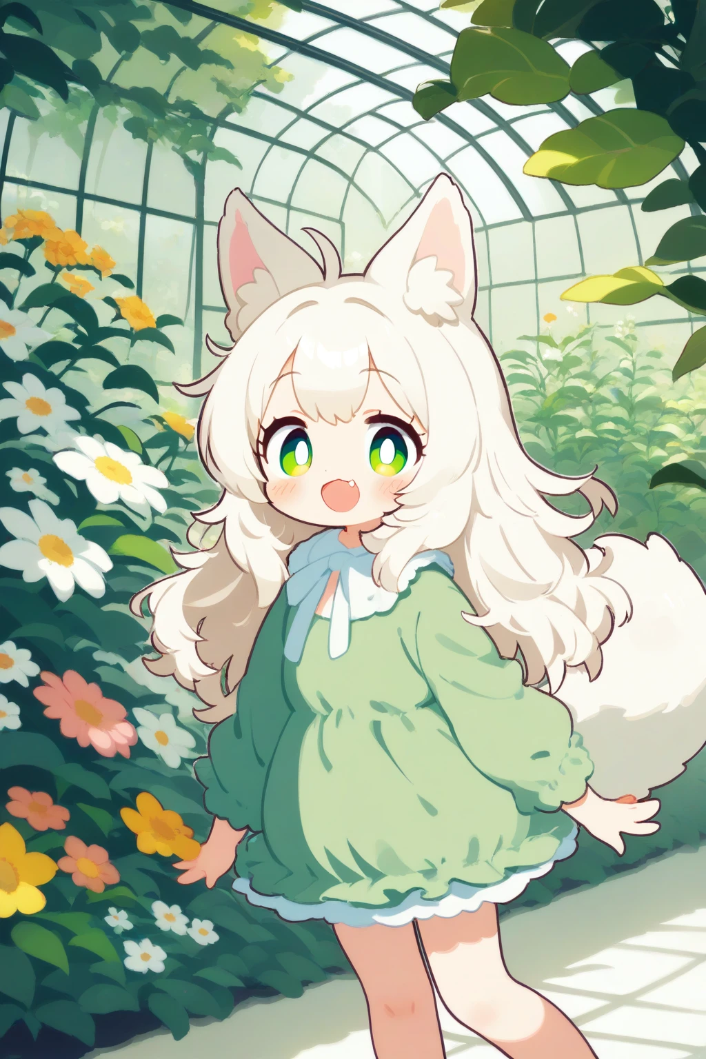 1girl, solo, greenhouse, flowers, cute style, kawaii, (white plant:1.2) , long hair, white hair, green eyes, sunlight, animal_ears, animal_tail, :D, fang, best quality, amazing quality, very aesthetic, absurdres