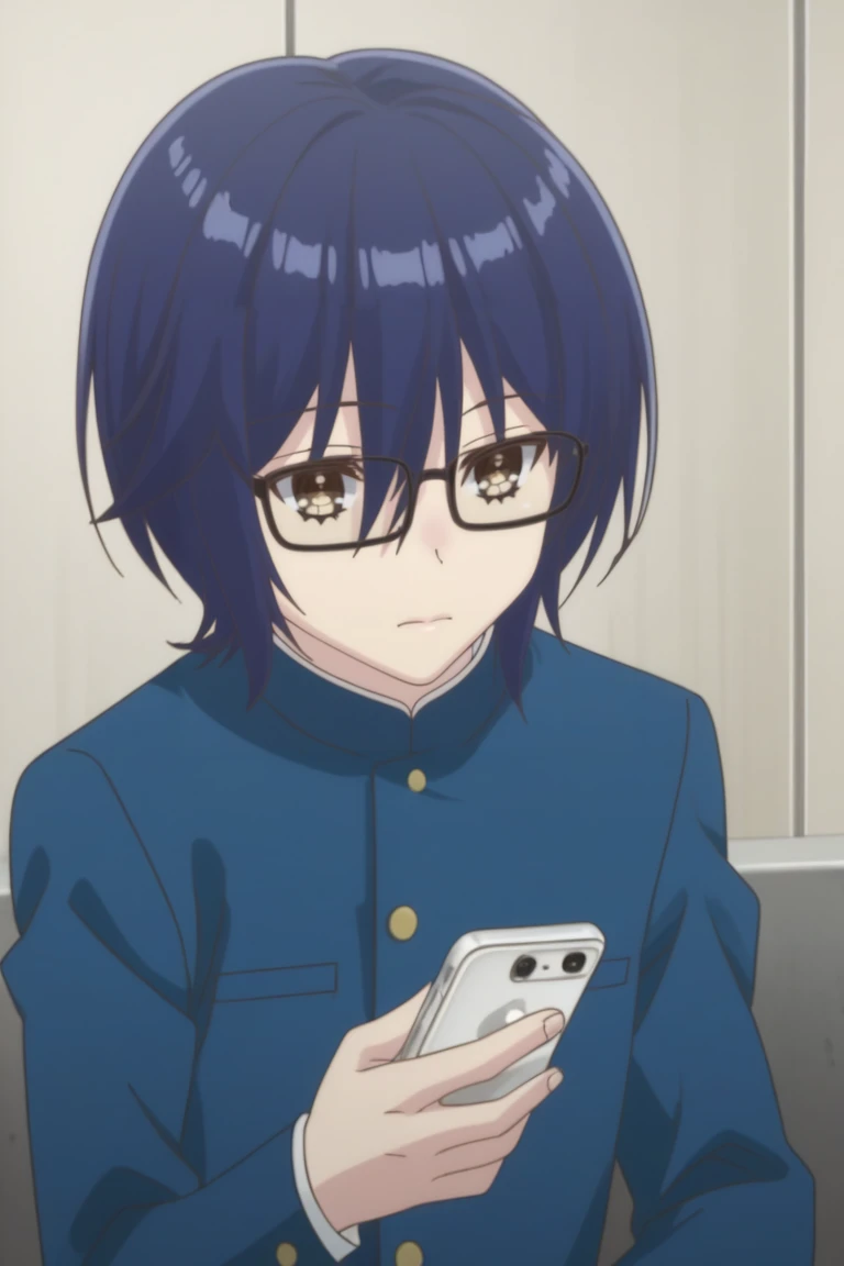 score_9, score_8_up, score_7_up, score_6_up, detailed, intricate details,cowboy shot,best quality ,source_anime, shun_sc, blue hair, brown eyes, 1boy, school uniform, solo, glasses, short hair, phone, cellphone, holding, upper body, black-framed eyewear, holding phone, brown eyes, long sleeves, closed mouth, jacket, smartphone, hair between eyes, gakuran<lora:EMS-409526-EMS:1.000000>