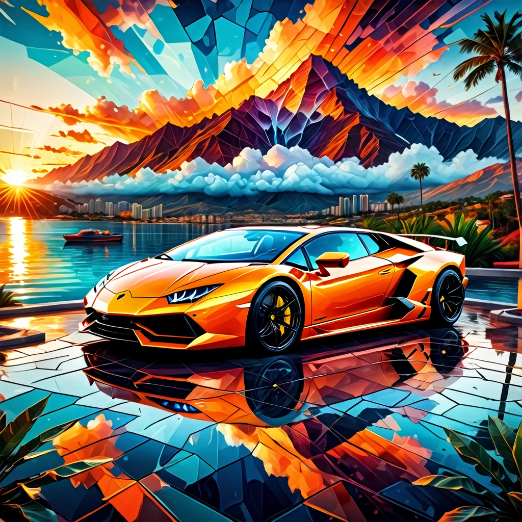 a colored painting of aof a Lamborghini, amazing depth, double exposure, building, cloud, cloudy sky, dusk, evening, fire, gradient sky, lens flare, motor vehicle, mountain, no humans, ocean, orange sky, palm tree, plant, scenery, sky, sun, sunlight, sunrise, sunset, tree, twilight, water, surreal, pattern, geometric patterns, intricately detailed, perfectly balanced, deep fine edges, artistic photorealism,photorealism, vivid colors,, 8K, UHD, many details, extreme detailed, full of details, BadDream,Jed-Splash,    <lora:ColourfullSplashStyle:0.5>