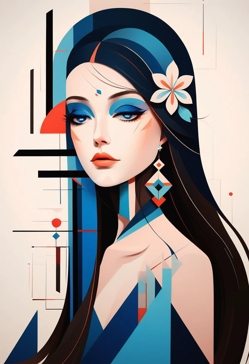 Geometric shape, jewelry, long hair, close up, flower, blue color palette, beautiful woman