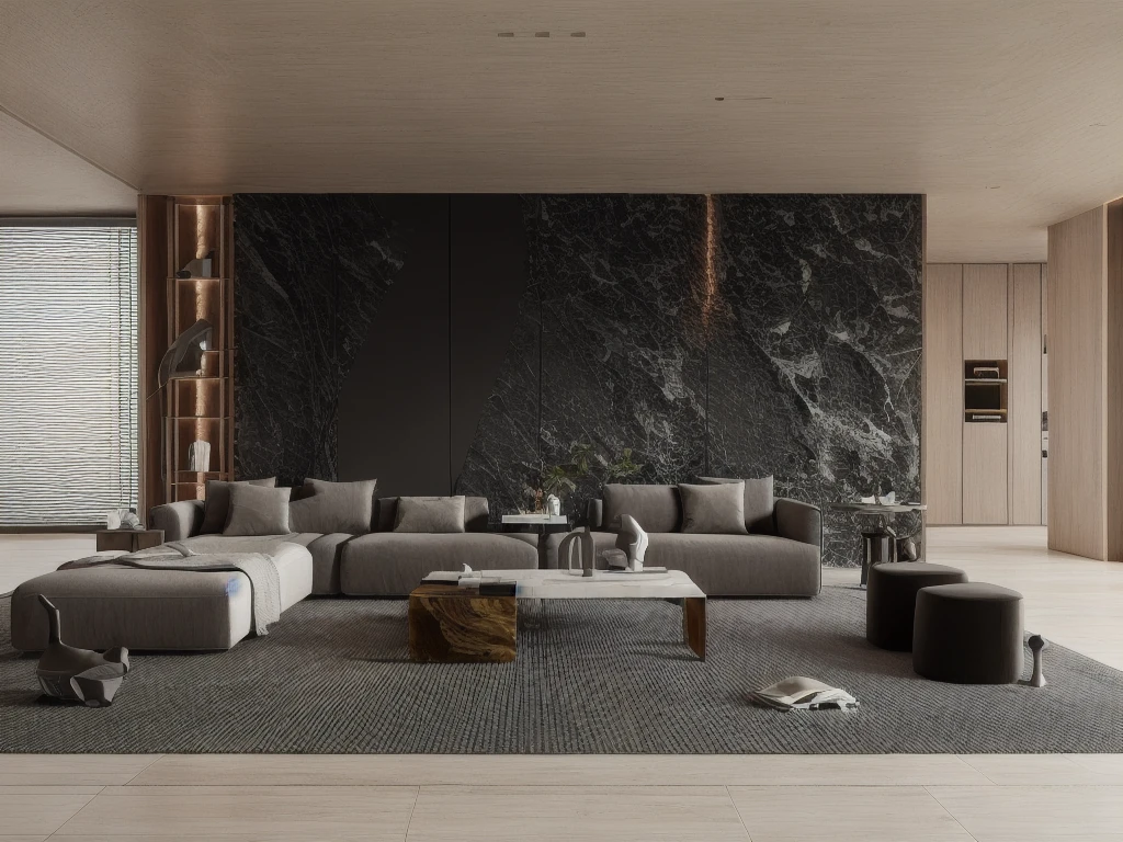 a living room with a couch, chair, coffee table and a rug on the floor and a window, muted colors, a 3D render, light and space,Dark style,Marble elements in the background