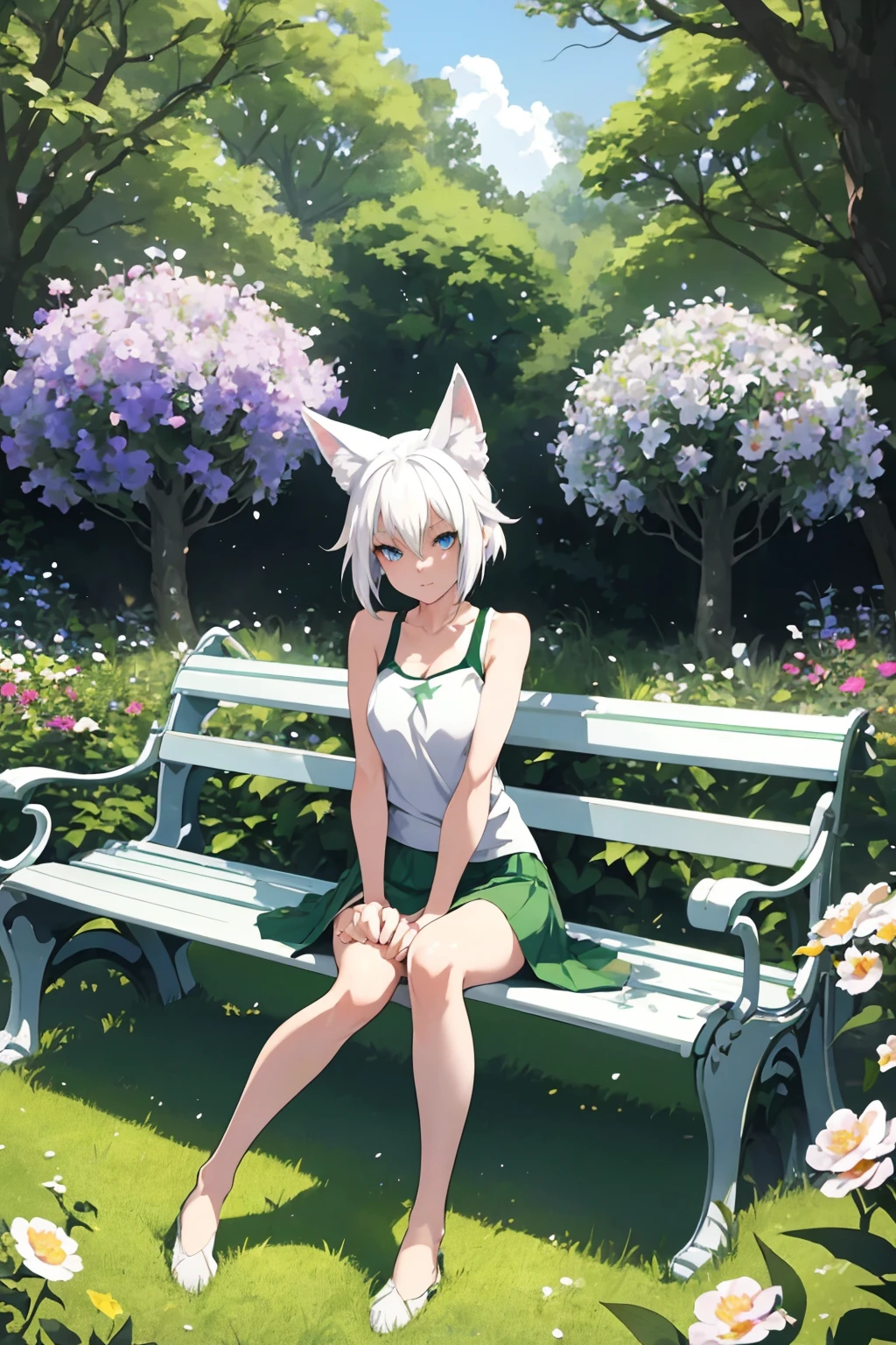 an image of a white haired fox girl with blue eyes, wearing a green tank top and a short skirt, lounging on a park bench with her arms crossed and legs crossed, sitting in a park garden surrounded by flowers, trees bushes and bees