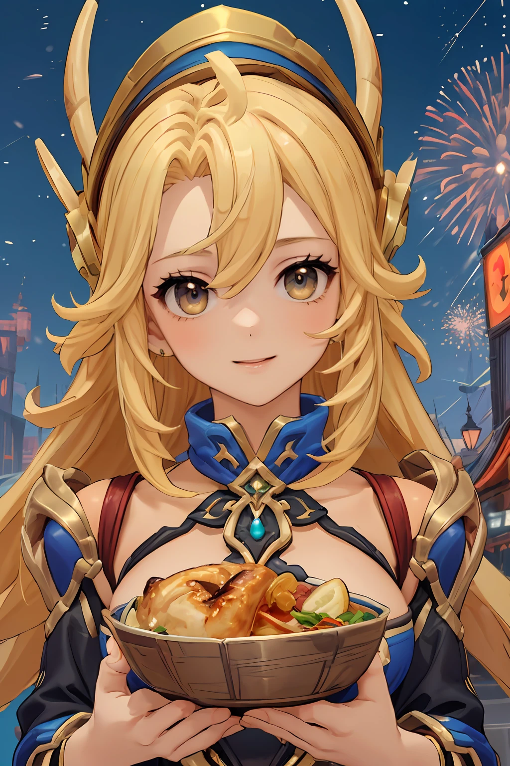 masterpiece, best quality, ultra-detailed, 1girl, solo, expressive eyes, happy, khalitz_rom, having dinner, outdoors, royal city, night, upper body,  close-up, looking at viewer,  aerial fireworks,  Golden hour gleam, tranquil and magical atmosphere, (hyperdetailed),
<lora:khalitz_rom:0.8>, <lora:add_detail:0.5>