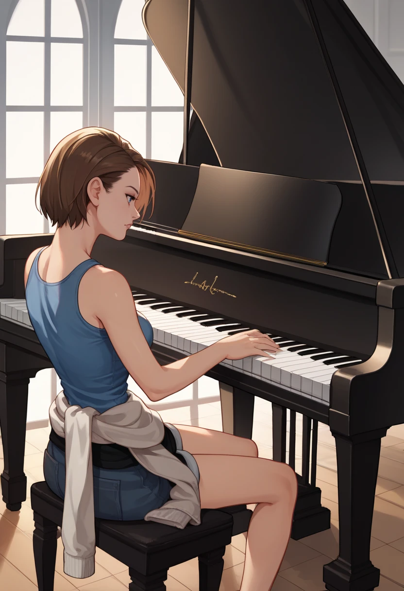 score_9, score_8_up, score_7_up, source_anime BREAK 1girl, solo, <lora:grandpiano-concept-richy-v1_pdxl:1> grand piano, sitting, jill valentine, brown hair, short hair, blue tank top, clothes around waist,