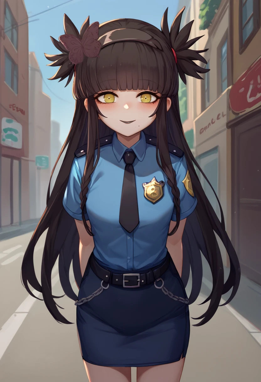 score_9, score_8_up, score_7_up, source_anime, solo, 1girl, mwophelia, mole under mouth, blush, slight smile, looking at viewer, standing, arms behind back, two side up, butterfly hair ornament, hairband, police uniform, blue shirt, black necktie, badge, blue skirt, pencil skirt, outdoors, city street <lora:merryweather_ophelia_ponyXL-000007:1>