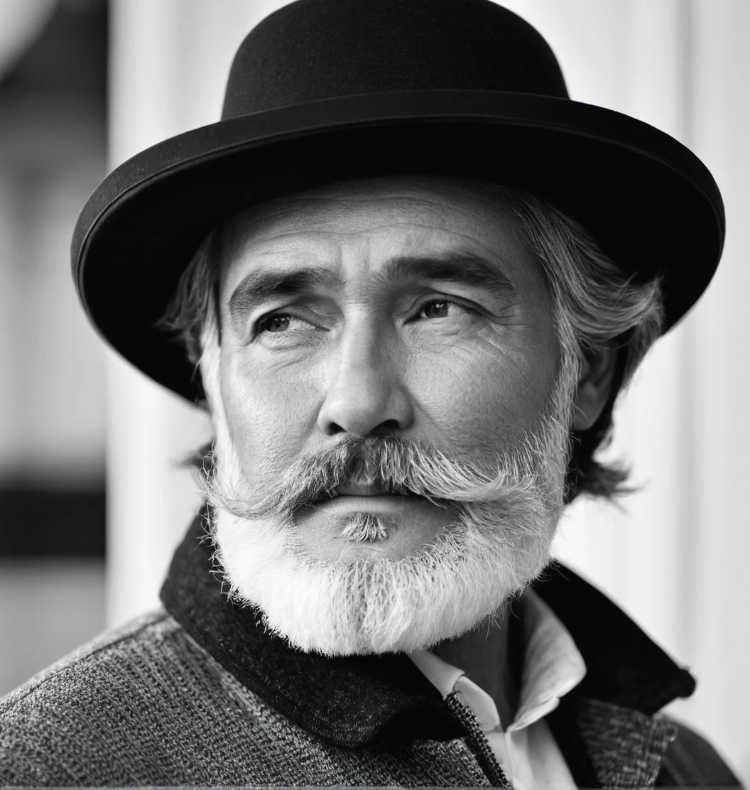 Gray,Monochrome,(black-and-white photograph:1.5),1boy,male focus,beard,monochrome,facial hair,solo,greyscale,hat,old,closed mouth,old man,closed eyes,portrait,realistic,long hair,profile,mustache,from side,,<lora:heibaishey:0.8>