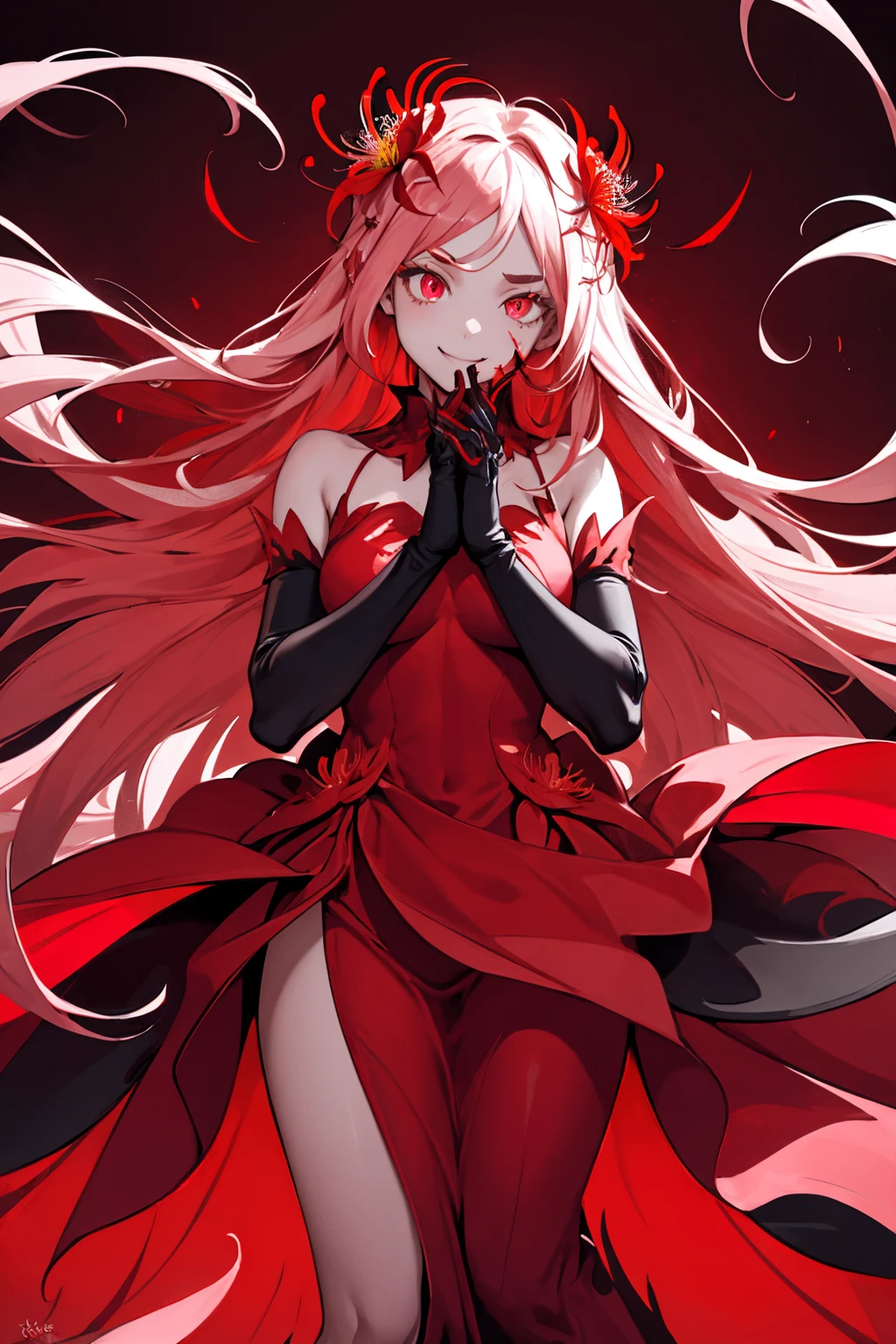1girl, long hair, elbow gloves, solo, rating:safe, gloves, flower, very long hair, hair ornament, hair flower, looking at viewer, red eyes, smile, glowing, standing, dated, bare shoulders, red theme, dress, limited palette, blood, glowing eyes, red background, floating, spider lily, covering mouth, eyebrows visible through hair, hands together, full body, spot color, pink eyes, interlocked fingers