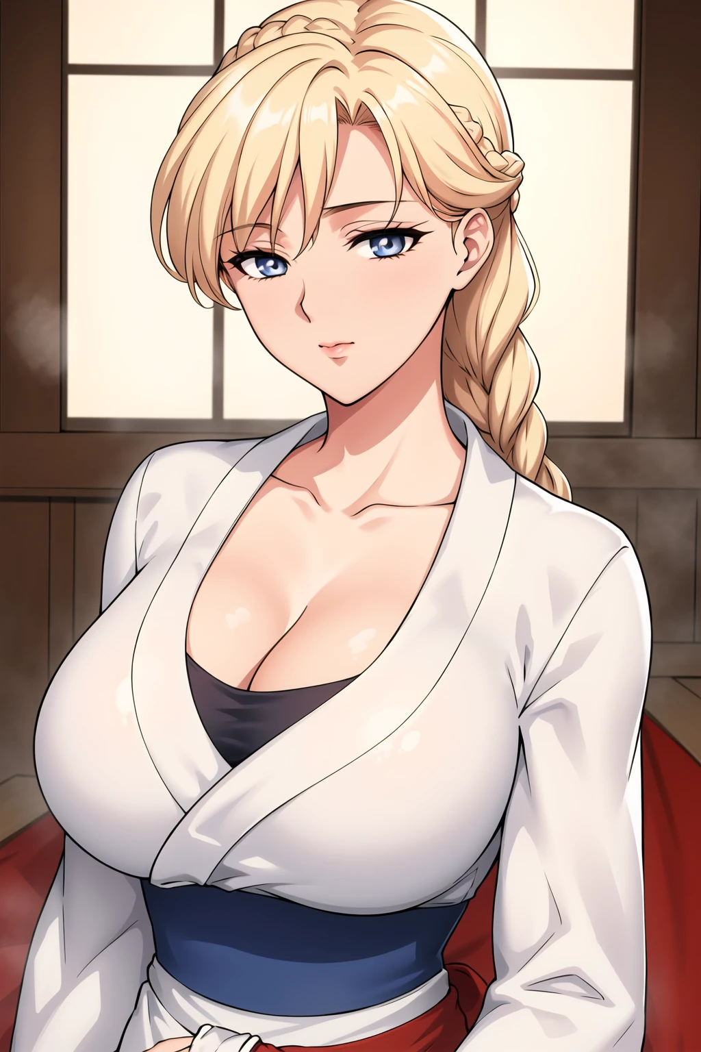 east asian architecture, 
dynamic pose,
white kimono, japanese clothes, wide sleeves, long sleeves, collarbone, cleavage,
<lora:Sailor_Uranus-KK77-V1:0.7>,
blue eyes, blonde hair,bangs,Long hair,Makeup, red lipstick, (single_braid:1.4), 
<lora:more_details:0.1>,<lora:Oda_Non_Style-KK77-V2:0.3>,<lora:Sexy_AIart-KK77-V1:0.3>,
1 girl, 20yo,Young female,Beautiful long legs,Beautiful body,
Beautiful Nose,Beautiful character design, perfect eyes, perfect face,expressive eyes,perfect balance,
looking at viewer,(Focus on her face),closed mouth, (innocent_big_eyes:1.0),(Light_Smile:0.3),
official art,extremely detailed CG unity 8k wallpaper, perfect lighting,Colorful, Bright_Front_face_Lighting,White skin,
(masterpiece:1.0),(best_quality:1.0), ultra high res,4K,ultra-detailed,
photography, 8K, HDR, highres, absurdres:1.2, Kodak portra 400, film grain, blurry background, bokeh:1.2, lens flare, (vibrant_color:1.2),professional photograph,
(Beautiful,large_Breasts:1.4), (beautiful_face:1.5),(narrow_waist),