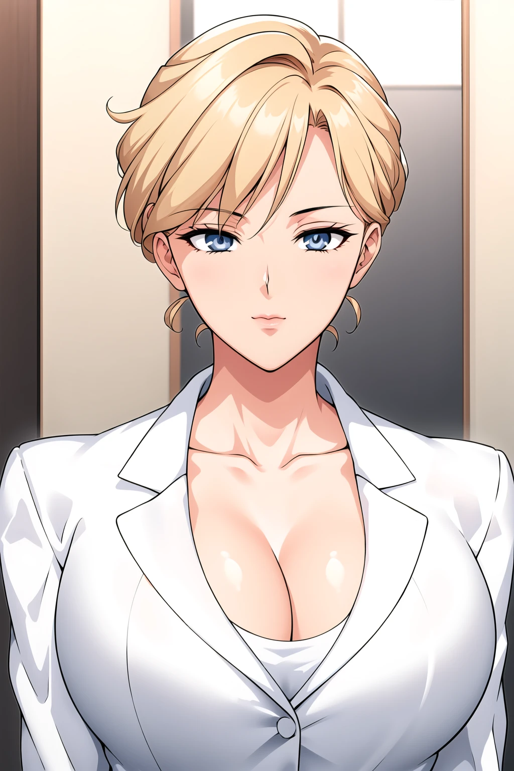 Simple Background,White Background,
dynamic pose,standing at attention,
white jacket,white shirt, collarbone, cleavage, long sleeves, 
<lora:Sailor_Uranus-KK77-V1:0.7>,business suit, office lady, 
blue eyes, blonde hair,bangs,Short hair,Makeup, red lipstick, 
<lora:more_details:0.1>,<lora:Oda_Non_Style-KK77-V2:0.3>,<lora:Sexy_AIart-KK77-V1:0.3>,
1 girl, 20yo,Young female,Beautiful long legs,Beautiful body,
Beautiful Nose,Beautiful character design, perfect eyes, perfect face,expressive eyes,perfect balance,
looking at viewer,(Focus on her face),closed mouth, (innocent_big_eyes:1.0),(Light_Smile:0.3),
official art,extremely detailed CG unity 8k wallpaper, perfect lighting,Colorful, Bright_Front_face_Lighting,White skin,
(masterpiece:1.0),(best_quality:1.0), ultra high res,4K,ultra-detailed,
photography, 8K, HDR, highres, absurdres:1.2, Kodak portra 400, film grain, blurry background, bokeh:1.2, lens flare, (vibrant_color:1.2),professional photograph,
(Beautiful,large_Breasts:1.4), (beautiful_face:1.5),(narrow_waist),