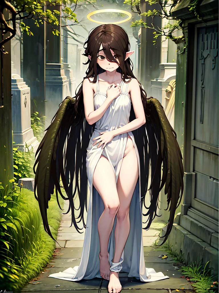 (masterpiece, absurdres, realistic), 1girl, full body, asakura, pointy ears,white gown, wings, halo, closed mouth, solo, (cemetery background:1.2),   <lora:Asakura_1.1-000006:1>