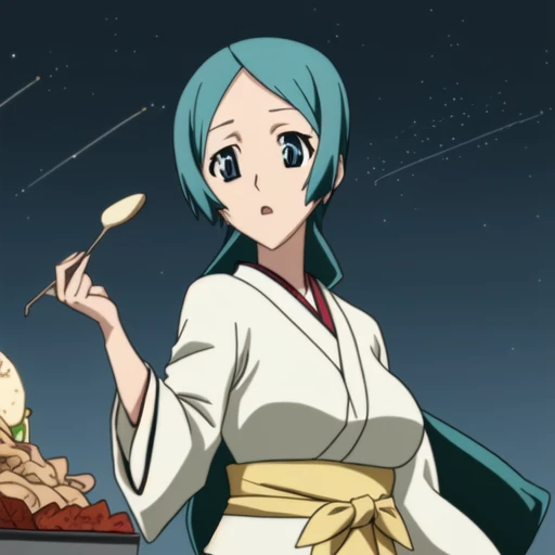 blue eyes, jacket, ^ ^, very long hair, japanese clothes, star (sky), food, strap between breasts, official style