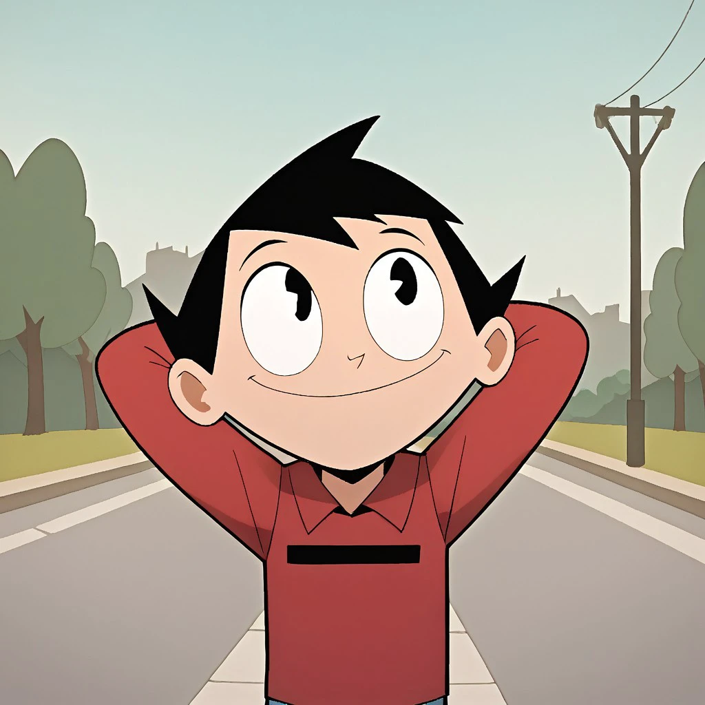 score_9, score_8, score_9, BREAK, tucker, black hair, black eyes, red shirt, outdoors, hands behind head, cute, outdoors