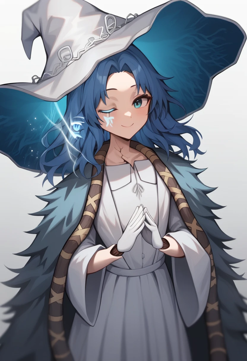 score_9,score_8_up,score_7_up,<lora:ranni_the_witch_pony:1>,extra_faces,smile,absurdres,highres,white_hat,white_dress,closed_mouth,own_hands_together,english_commentary,;\),kawashiro_nitori,fur_cloak,1girl,large_hat,ranni_the_witch_\(cosplay\),extra_arms,white_gloves,looking_at_viewer,solo,witch_hat,one_eye_closed,