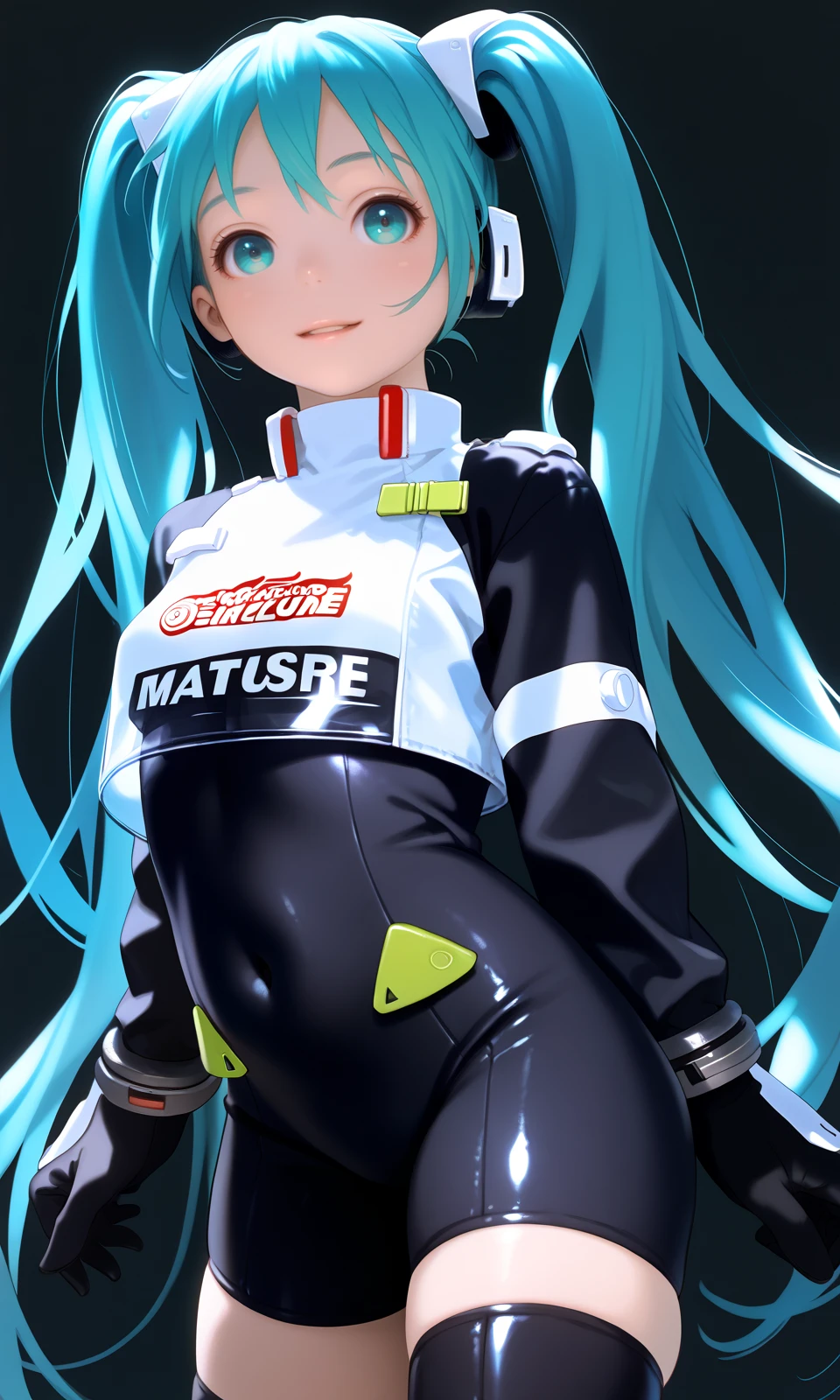 score_9, score_8_up, score_7_up, score_6_up, BREAK
1girl, miku22, aqua eyes, aqua hair, black bodysuit, breasts, covered navel, cowboy shot, hatsune miku, long hair, looking at viewer, race queen, skin tight, solo, thighhighs, twintails, very long hair, zipper, 
looking at viewer, arms at sides,
masterpiece, absurdres, 
<lora:RacingMiku2022_Pony:1>  <lora:sdxl_murata_range_v1:1>